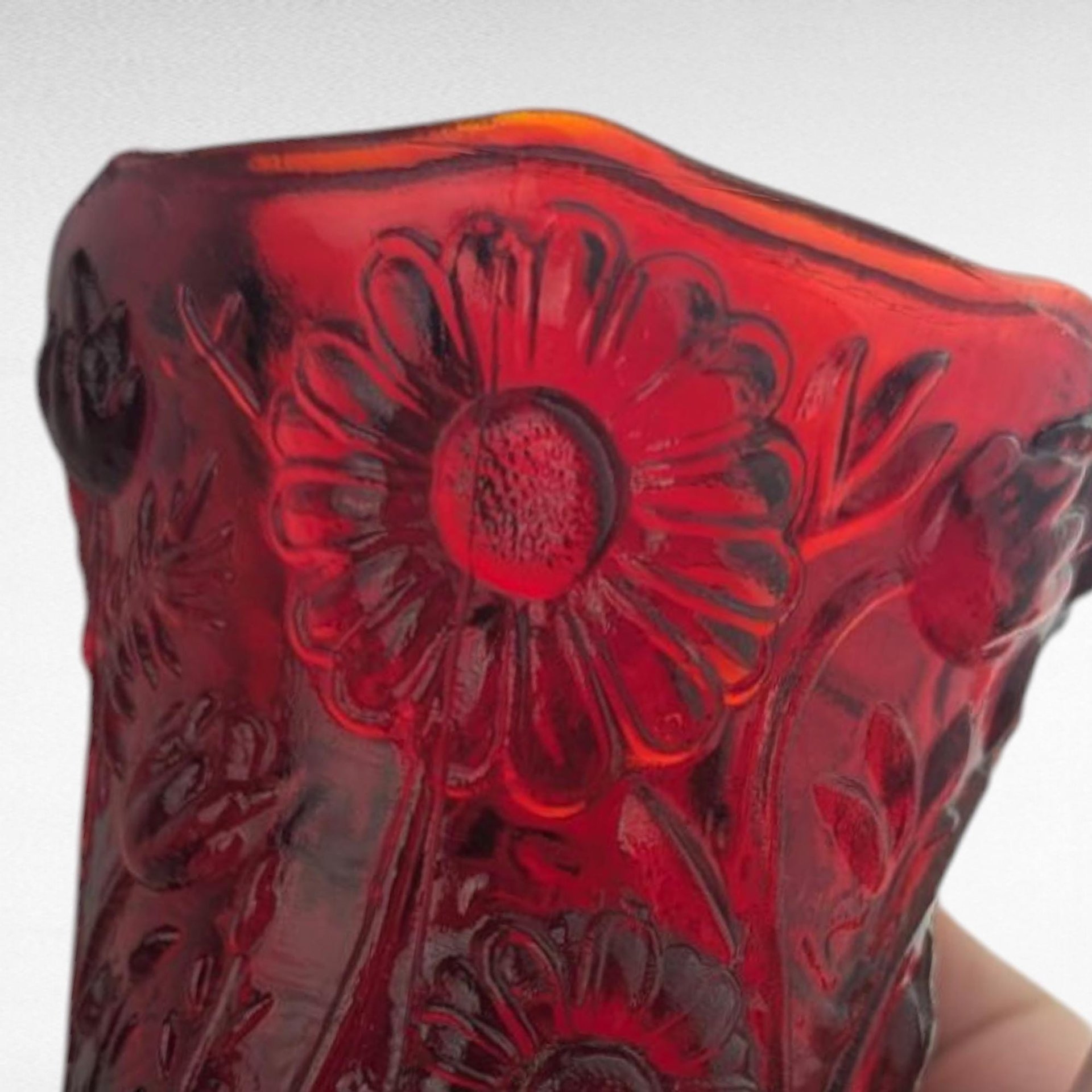 Pair Vintage Ruby Red Glass Peg Votive Candle Holders, Embossed Floral Design, 3.5 Inch, Romantic Accent, Collectible Glassware