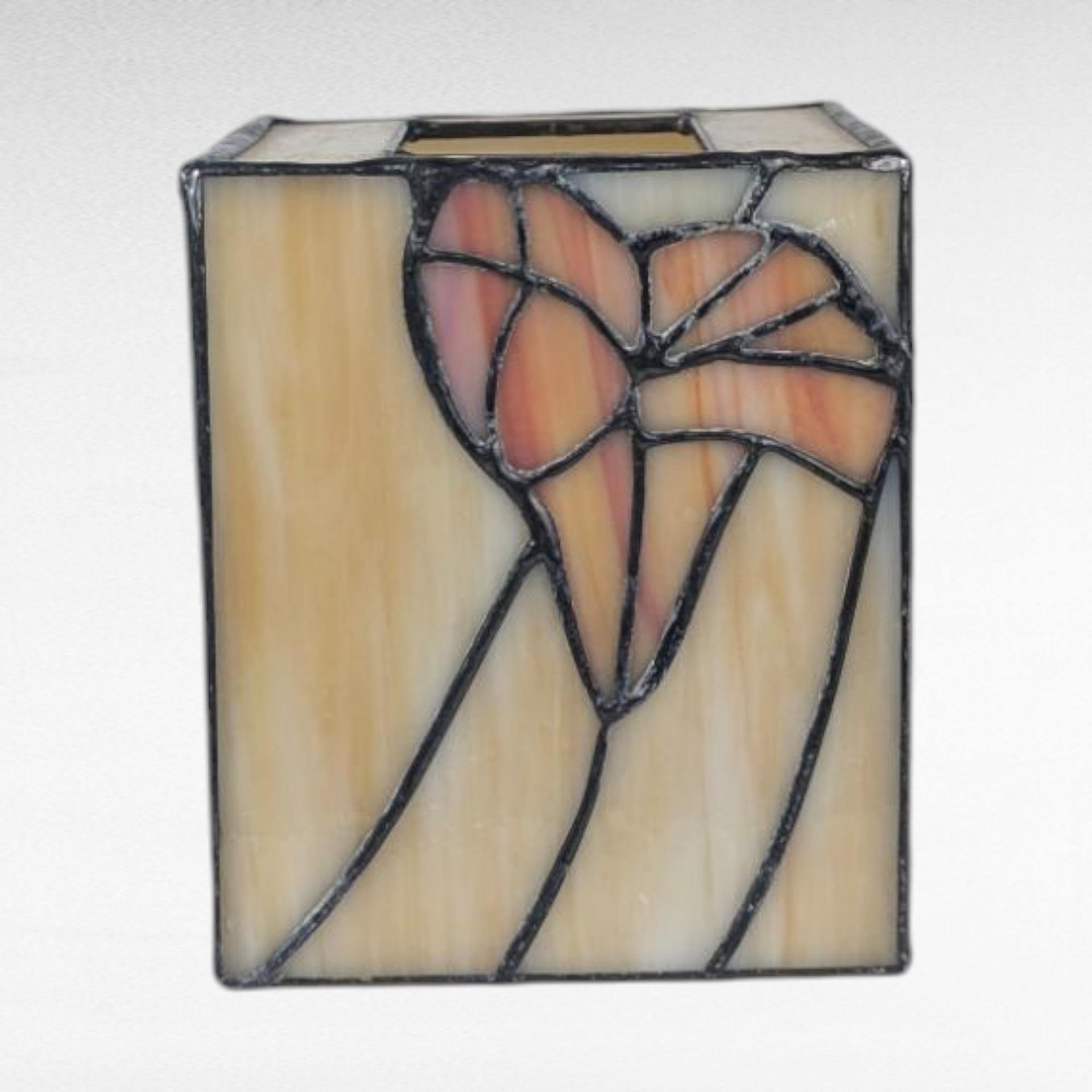 Vintage Stained Glass Tissue Box Cover Holder, Beige, Pink, Floral Design, Art Glass, Bathroom, Bedroom Decor