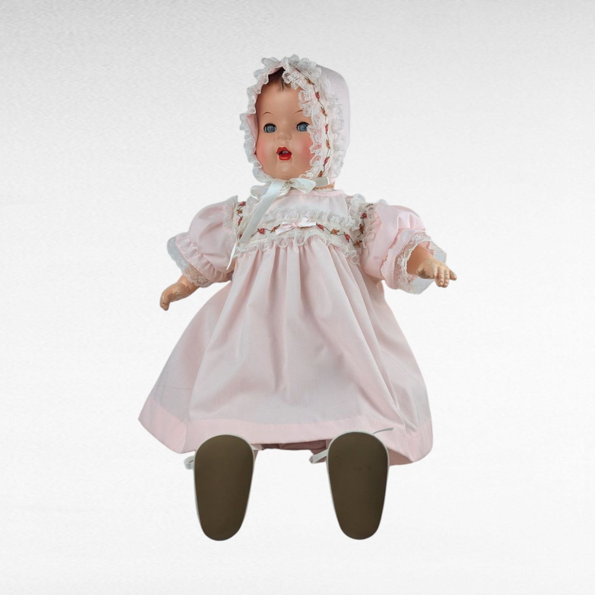 Vintage Baby Doll in Pink Dress and Bonnet, Large Vintage Doll with Moving Eyes and Sound