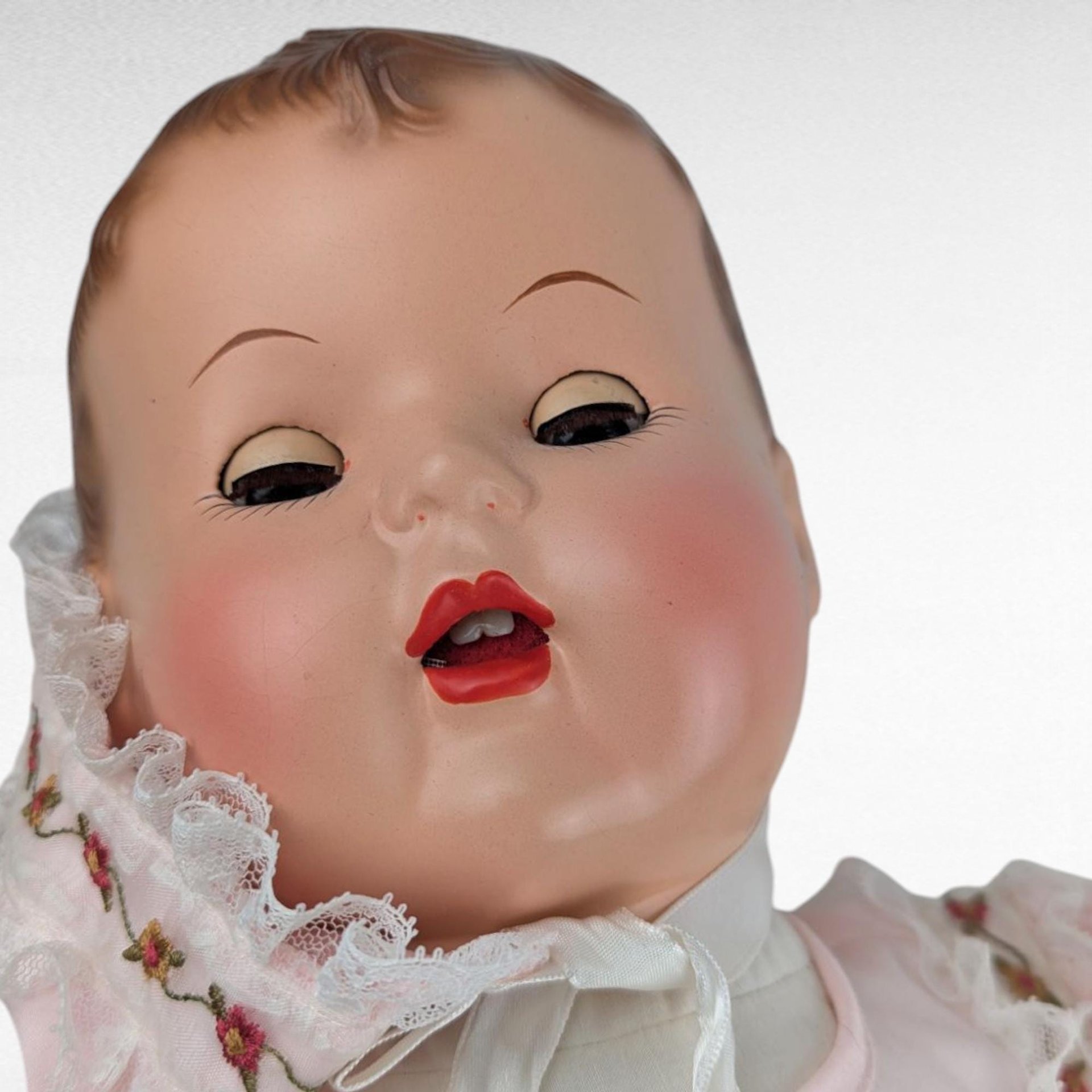 Vintage Baby Doll in Pink Dress and Bonnet, Large Vintage Doll with Moving Eyes and Sound