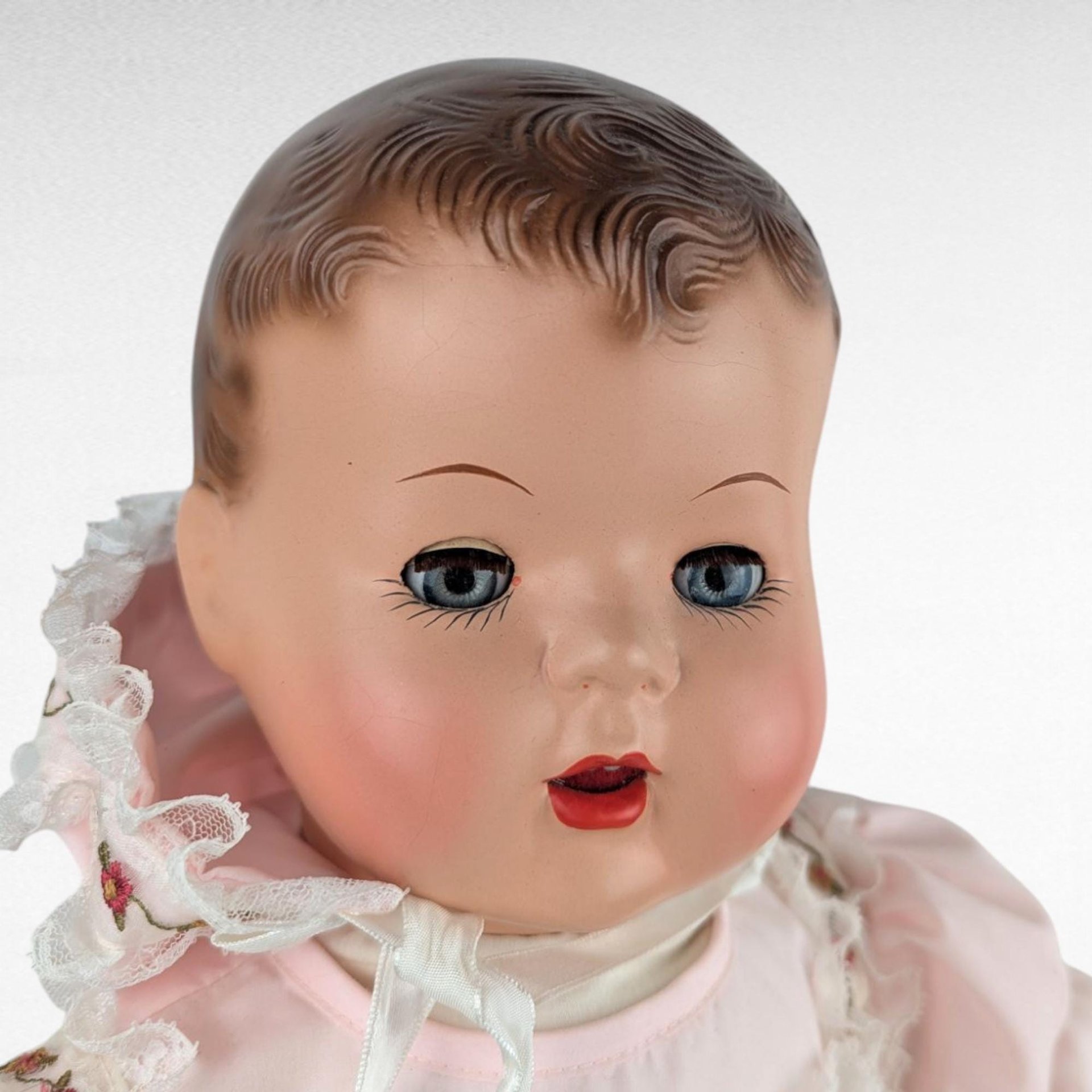 Vintage Baby Doll in Pink Dress and Bonnet, Large Vintage Doll with Moving Eyes and Sound