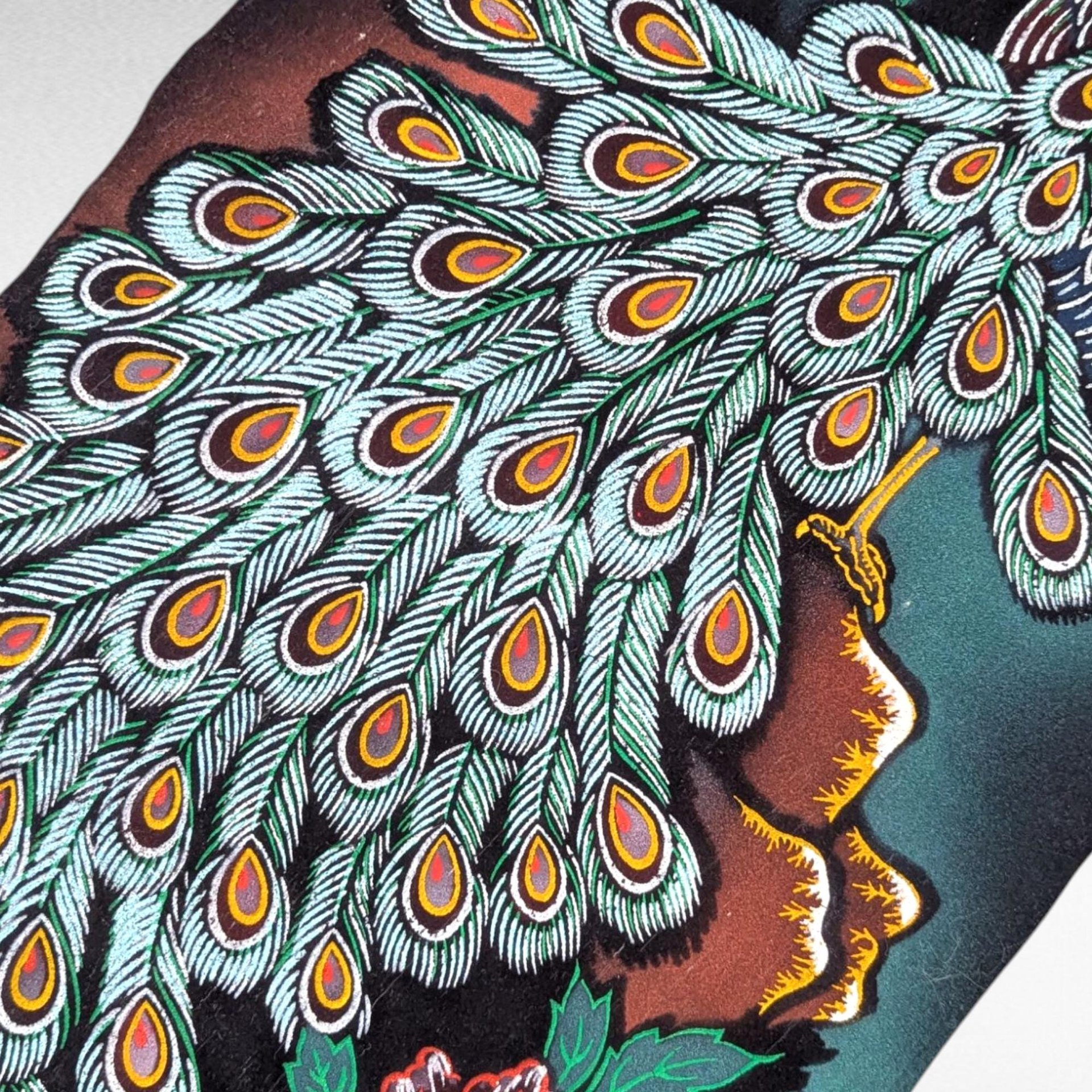 Vintage Japanese Scroll Mount Fuji Peacock Velvet Handpainted Wall Art