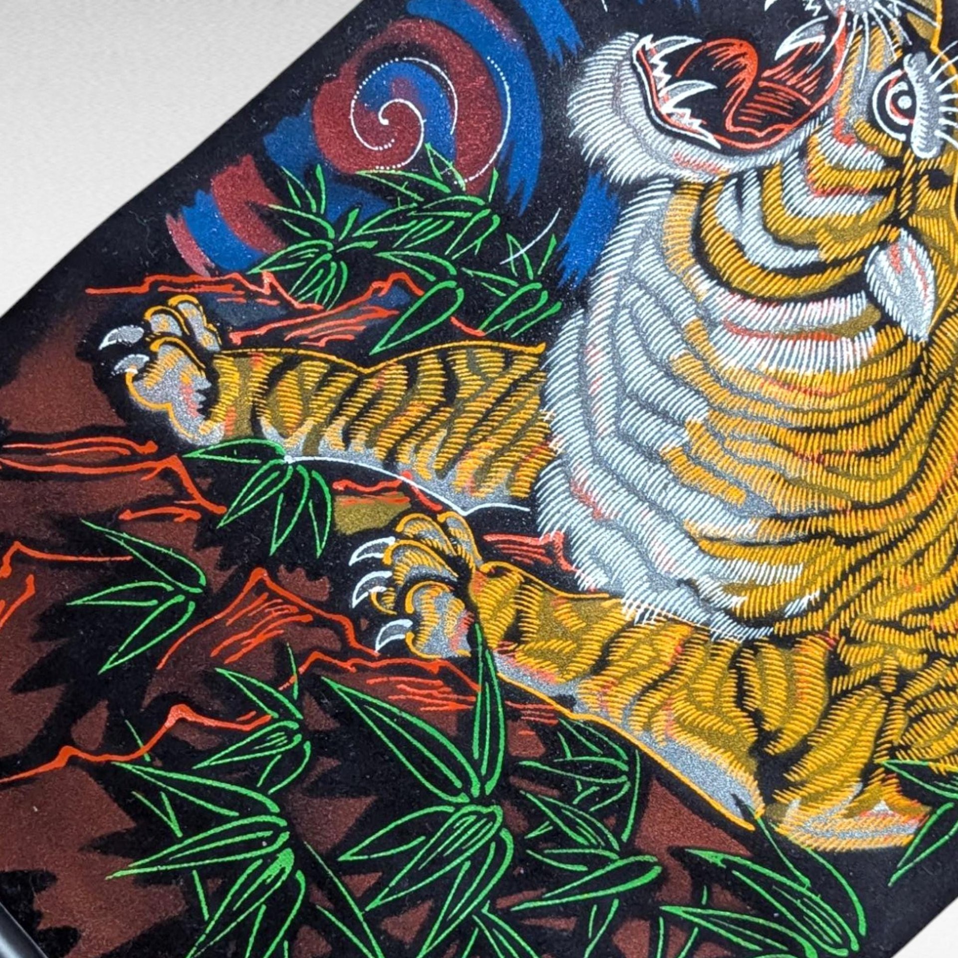 Vintage Japanese Dragon Tiger Velvet Handpainted Scroll Wall Art