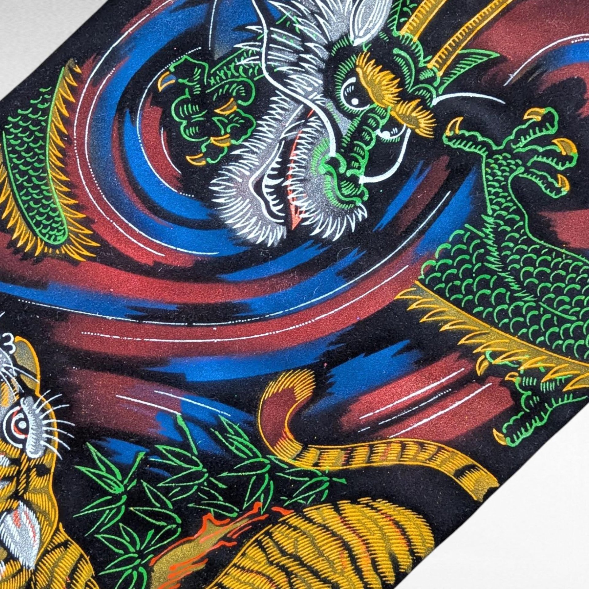 Vintage Japanese Dragon Tiger Velvet Handpainted Scroll Wall Art