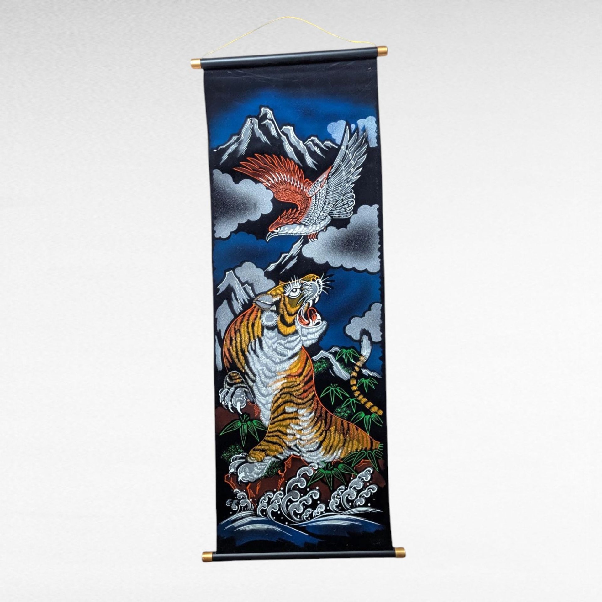 Vintage Japanese Tiger Eagle Velvet Handpainted Scroll Wall Art