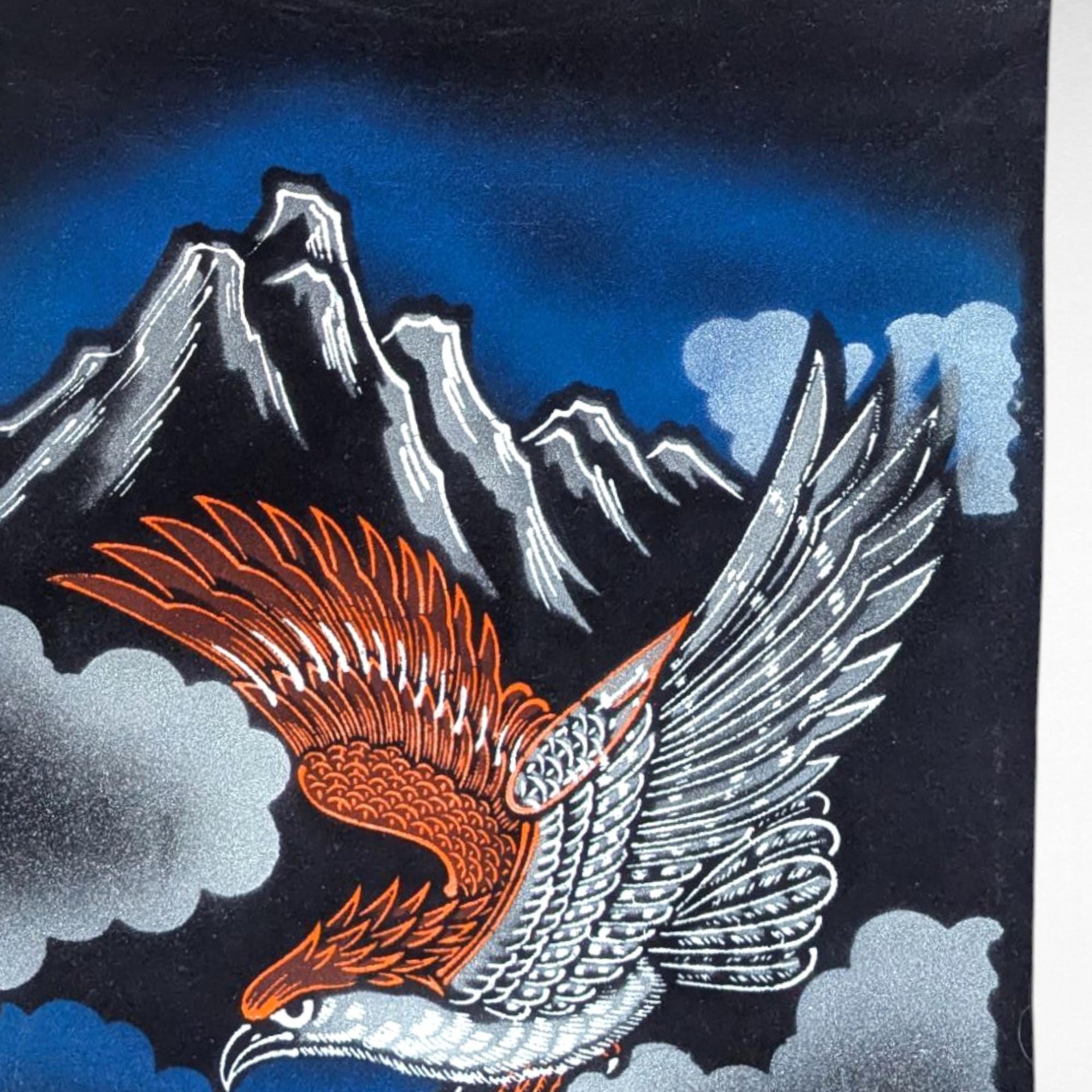 Vintage Japanese Tiger Eagle Velvet Handpainted Scroll Wall Art
