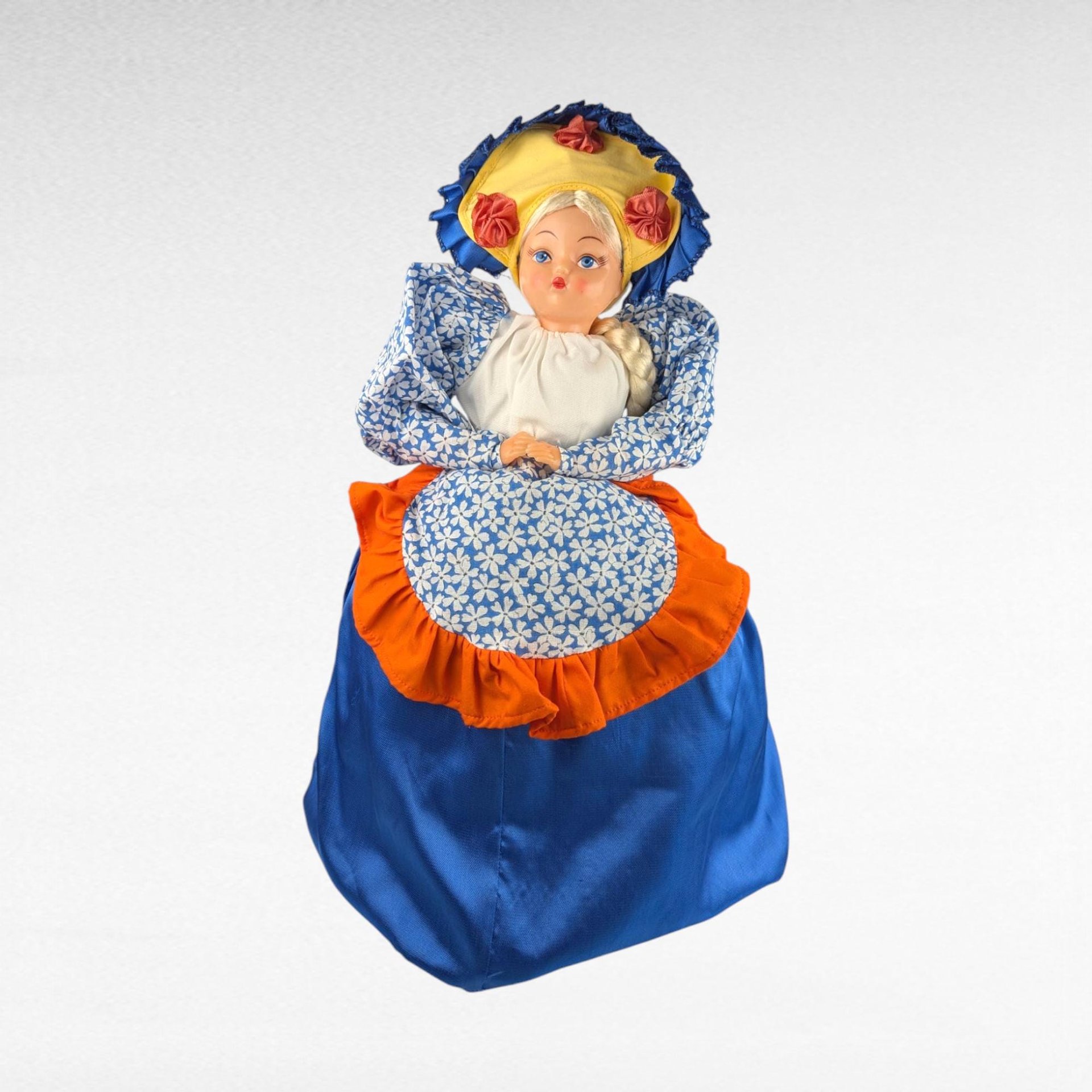 Vintage Handmade Teapot Cozy Doll, 19-Inch Tall, Blue & Orange Dress, Plastic Face, Country Kitchen Charm