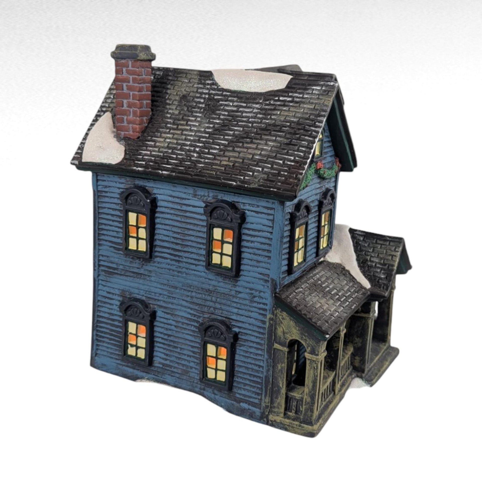 Vintage O'Well Lighted Blue Christmas Village House, Ceramic Holiday Home Decor, Collectible Two-Story Winter Scene Building