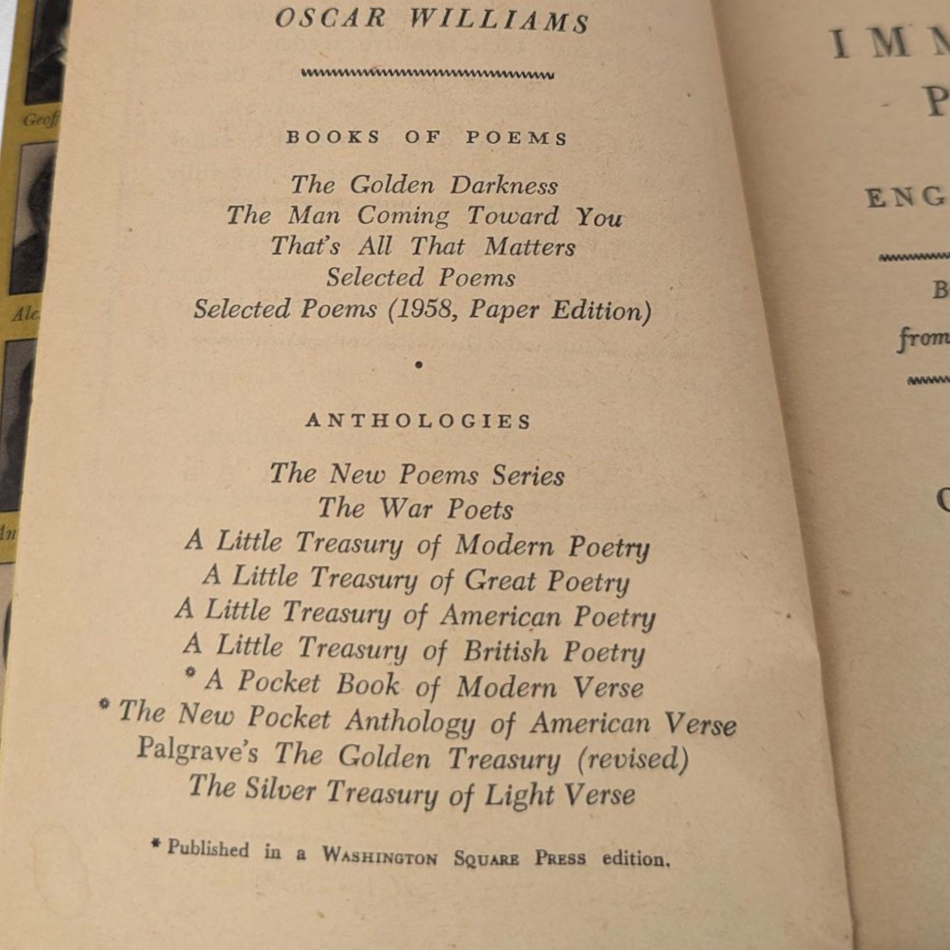 1958 Immortal Poems of the English Language, Vintage Softcover Book, Oscar Williams, Anthology, Poetry Collection, Classic Literature