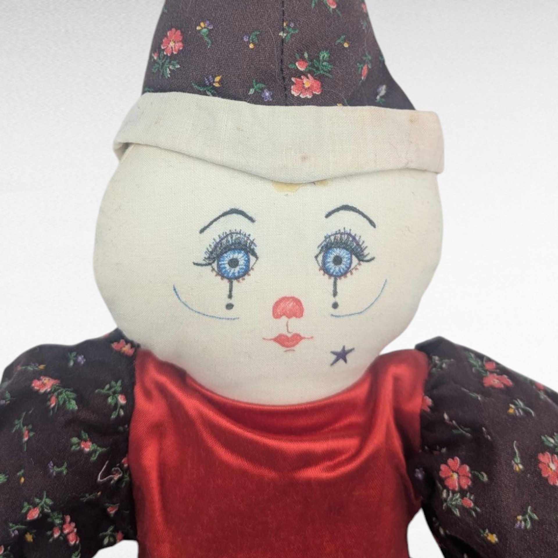 Vintage Handmade Cloth Clown Doll, 20 Inch Soft Fabric Jester Figurine, Collectible One of a Kind Folk Art Toy