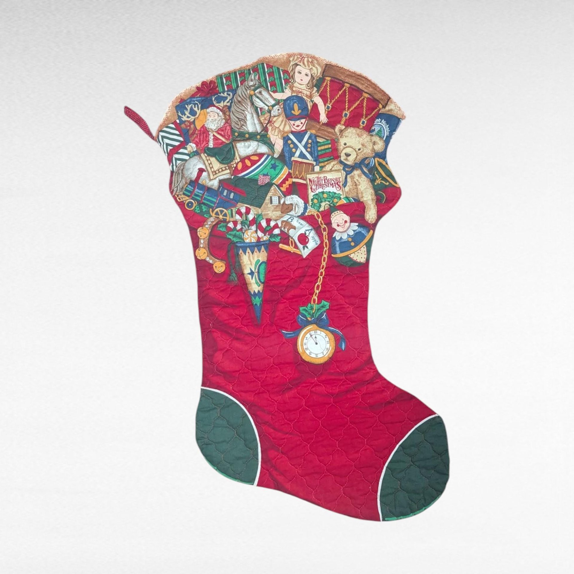 Large Vintage Handmade Christmas Stocking, 30 Inch Quilted Holiday Decor with Classic Toy Images, Jumbo Mantel Stocking