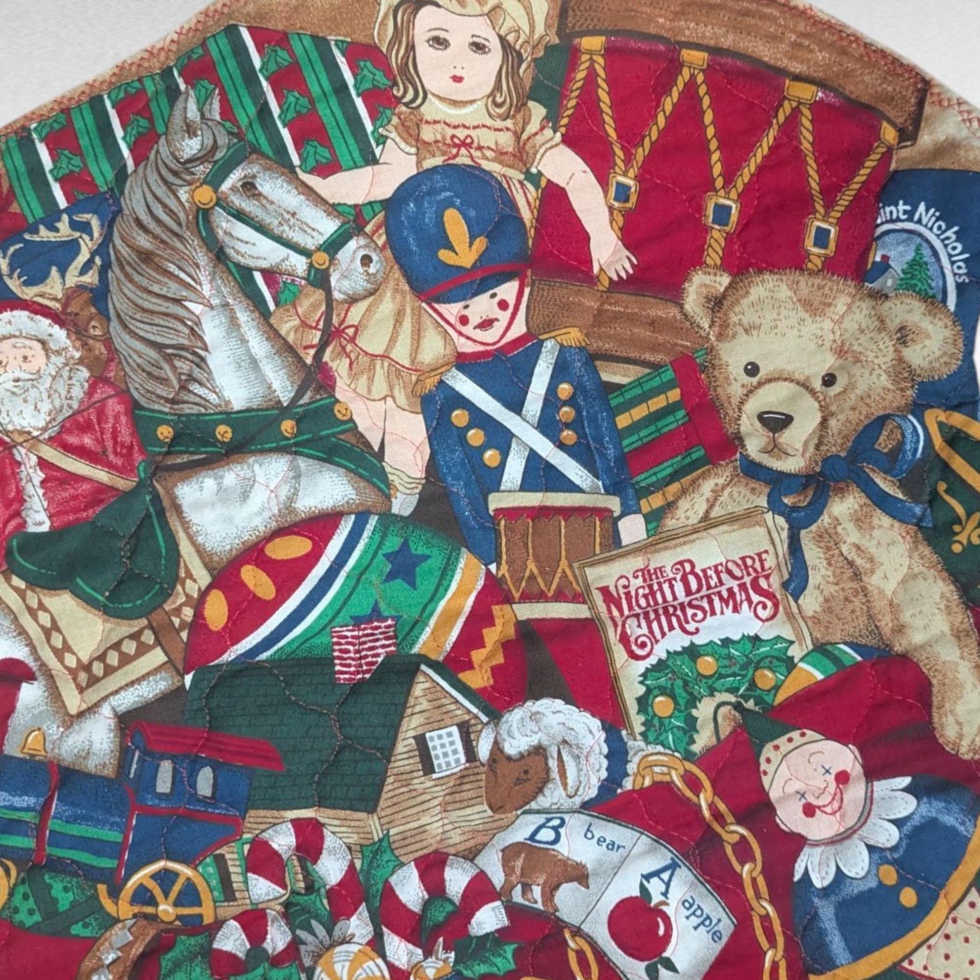 Large Vintage Handmade Christmas Stocking, 30 Inch Quilted Holiday Decor with Classic Toy Images, Jumbo Mantel Stocking