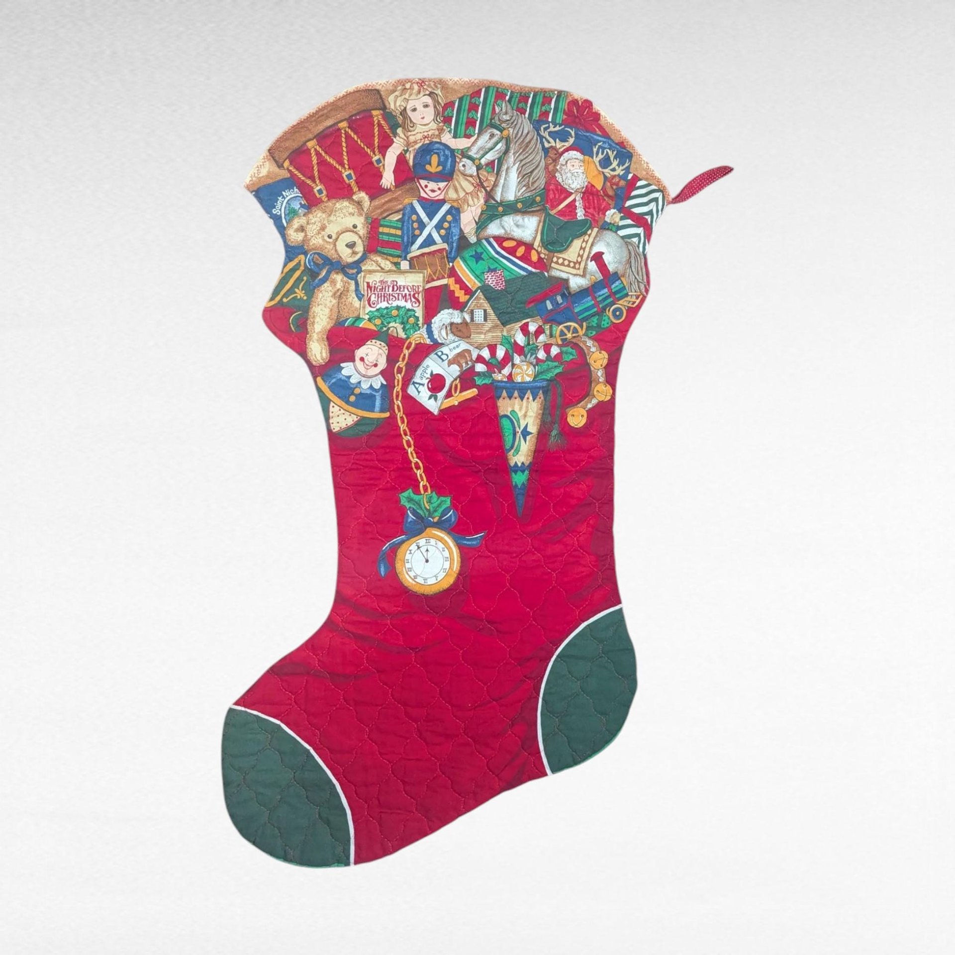 Large Vintage Handmade Christmas Stocking, 30 Inch Quilted Holiday Decor with Classic Toy Images, Jumbo Mantel Stocking