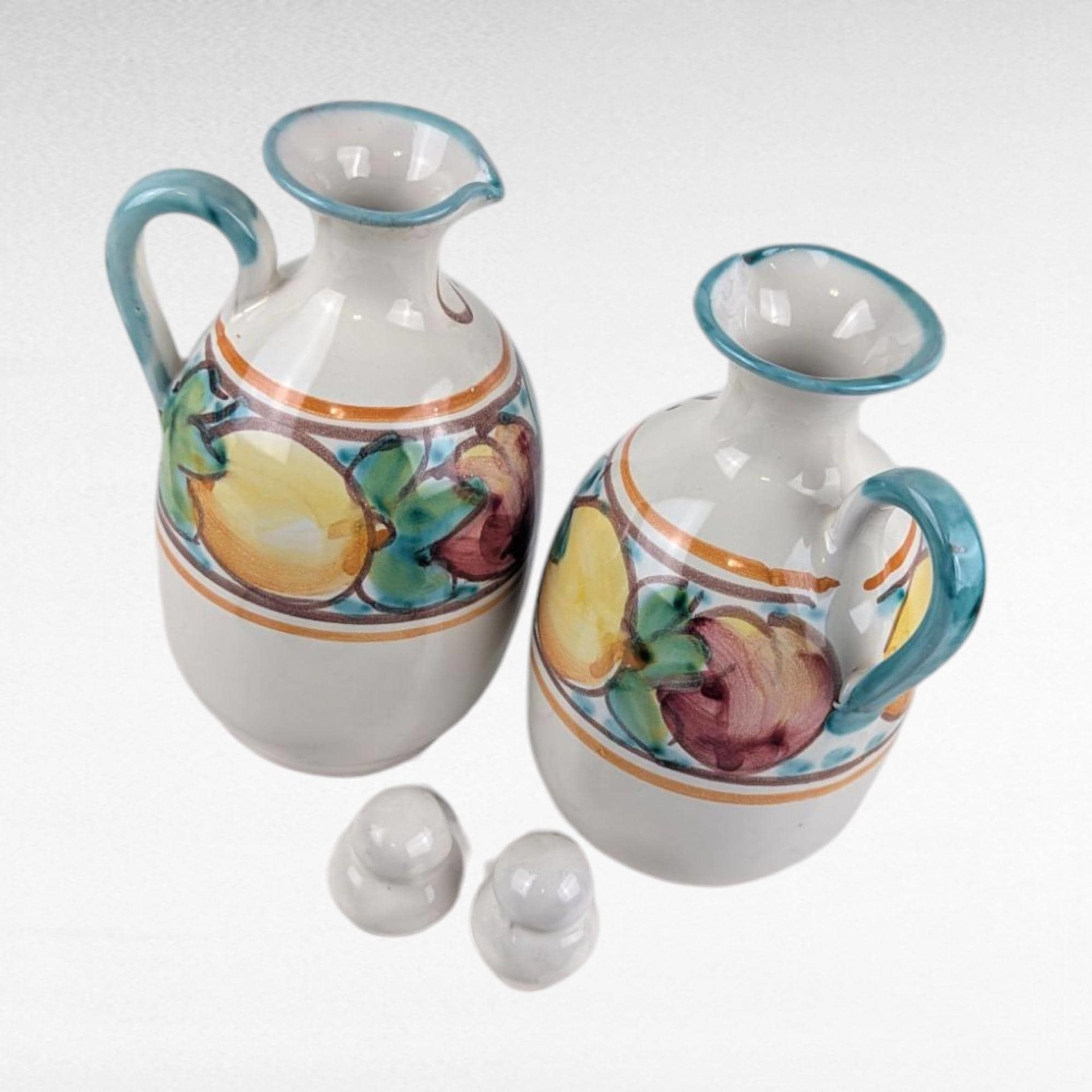 Vintage Italian Pottery Cruet Set, Hand Painted Oil and Vinegar Bottles with Caddy, Tuscan Kitchen Decor, Made in Italy