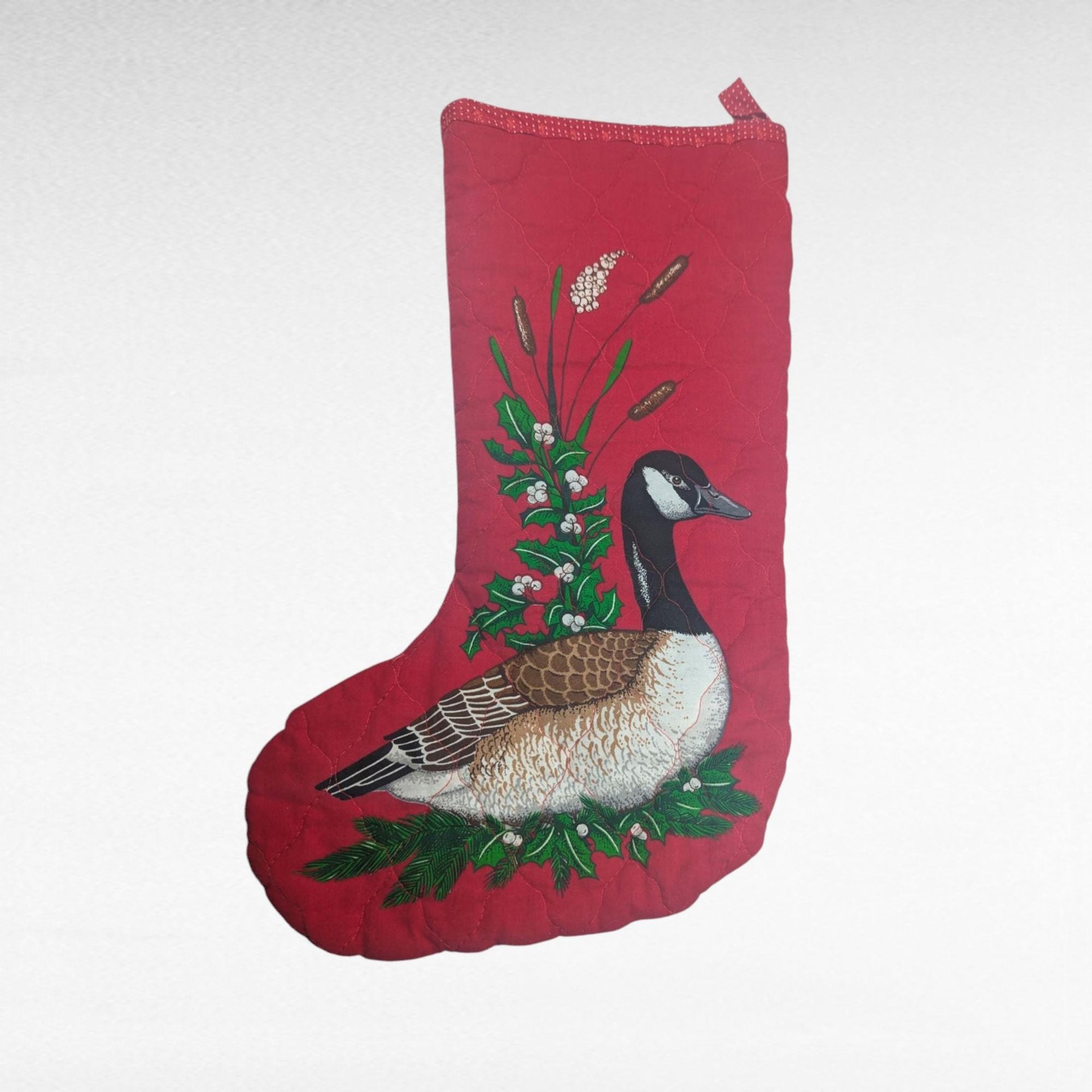 Handmade Quilted Christmas Stocking, 14.5", Red Waterfowl, Goose Design, Vintage Holiday Mantle Decor, Outdoorsman Gift