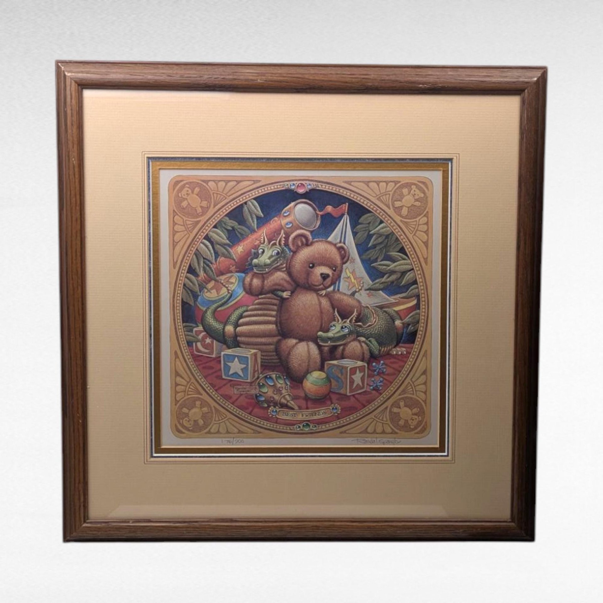 Vintage 1990 Randal Spangler Signed, Numbered, Framed Print, The Draglings Story, Teddy Bear, Fantasy Art. Collectible Wall Decor
