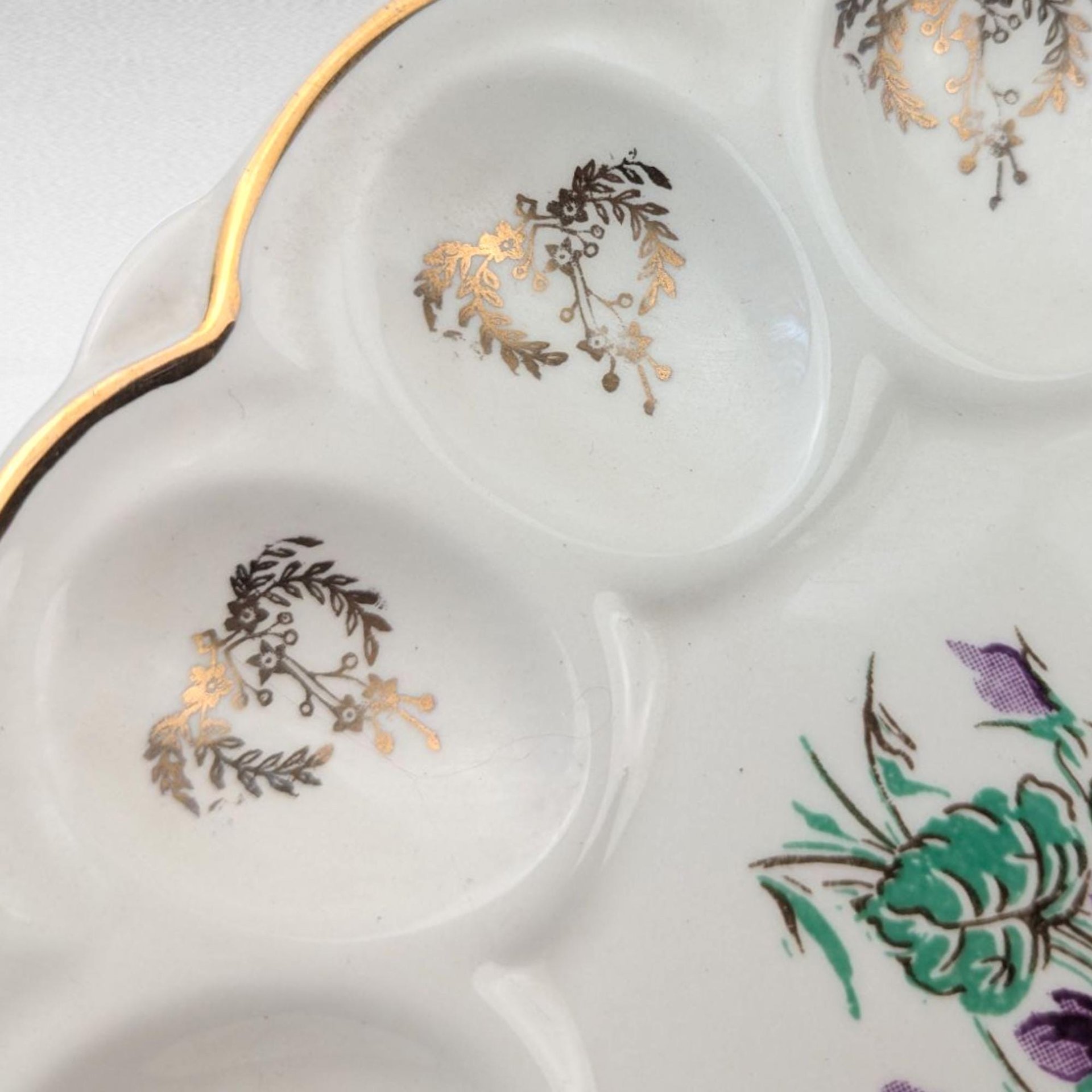 Vintage Ceramic Deviled Egg Tray, Plate, Purple Violets, Gold Trim, 9.25 Inch, Floral Appetizer Server, Holiday Entertaining