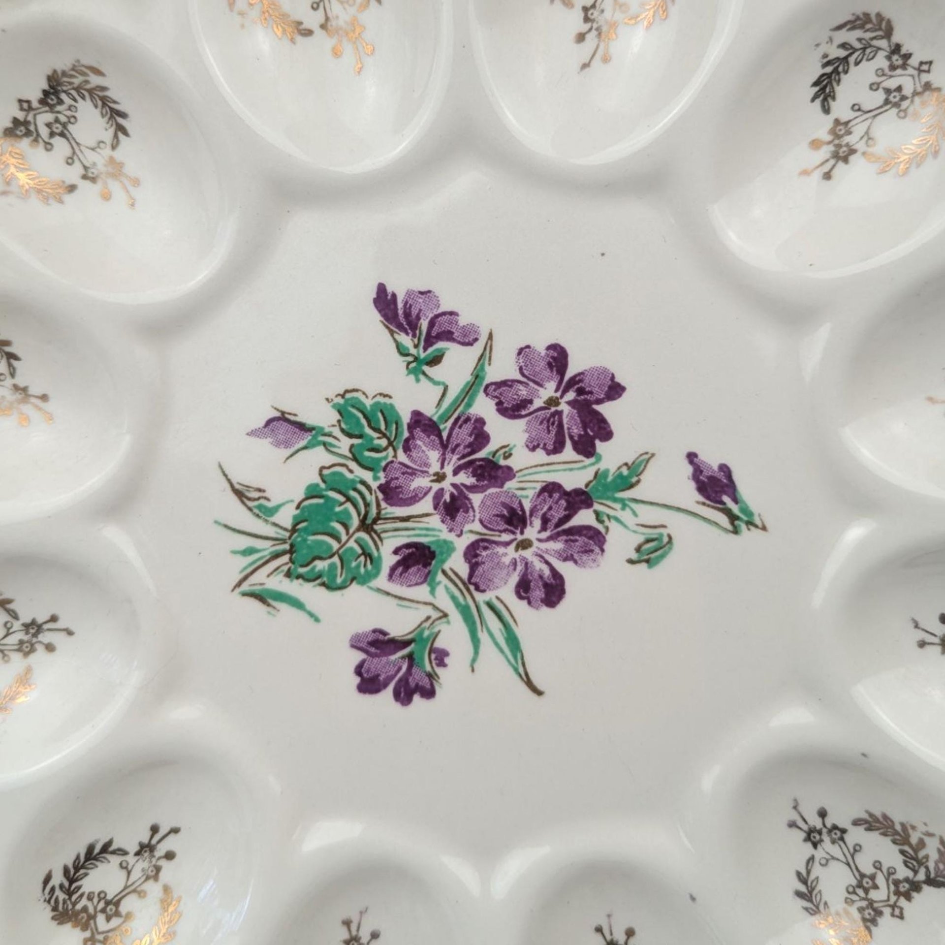 Vintage Ceramic Deviled Egg Tray, Plate, Purple Violets, Gold Trim, 9.25 Inch, Floral Appetizer Server, Holiday Entertaining