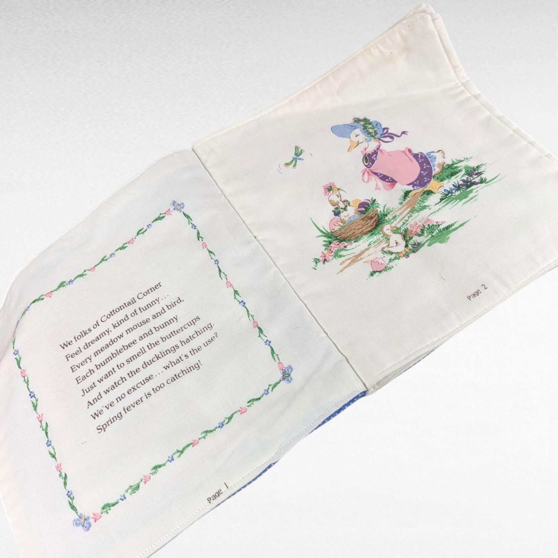 Vintage Handmade Cottontail Corner Cloth Book, 1980s Fabric Soft Book for Baby, Bunny Rabbit Nursery Toy