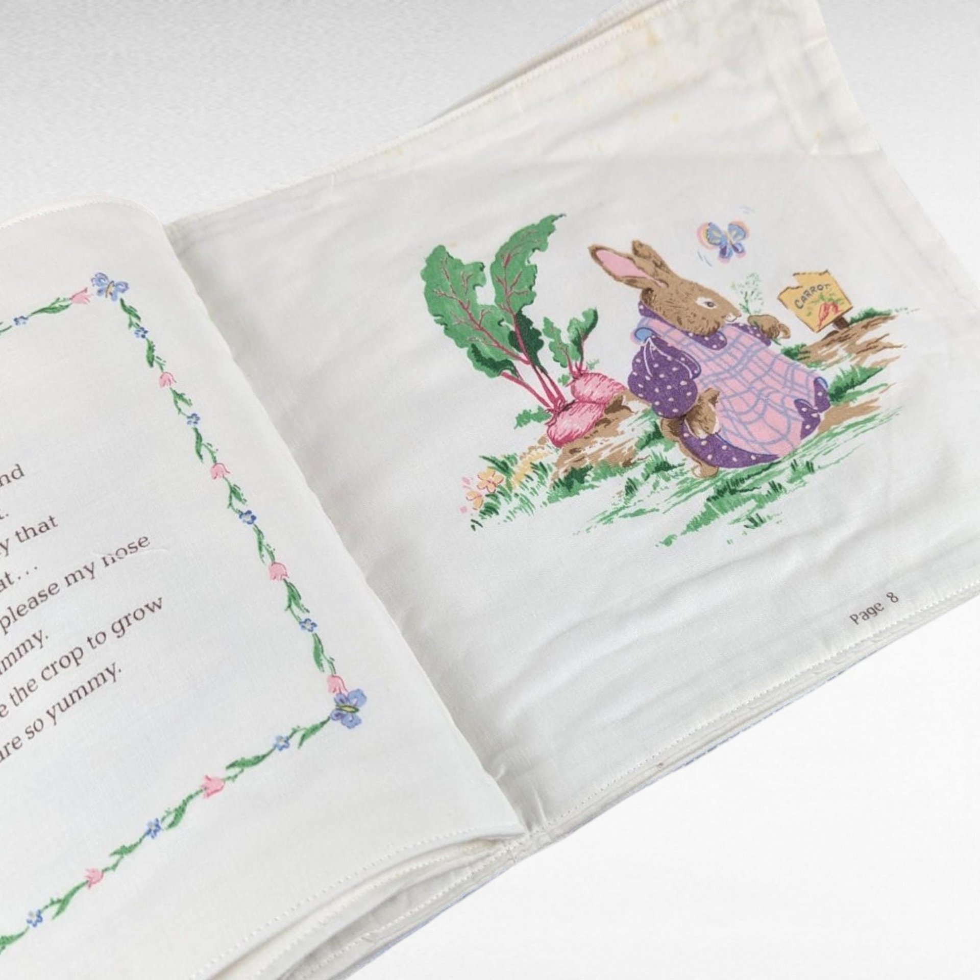 Vintage Handmade Cottontail Corner Cloth Book, 1980s Fabric Soft Book for Baby, Bunny Rabbit Nursery Toy