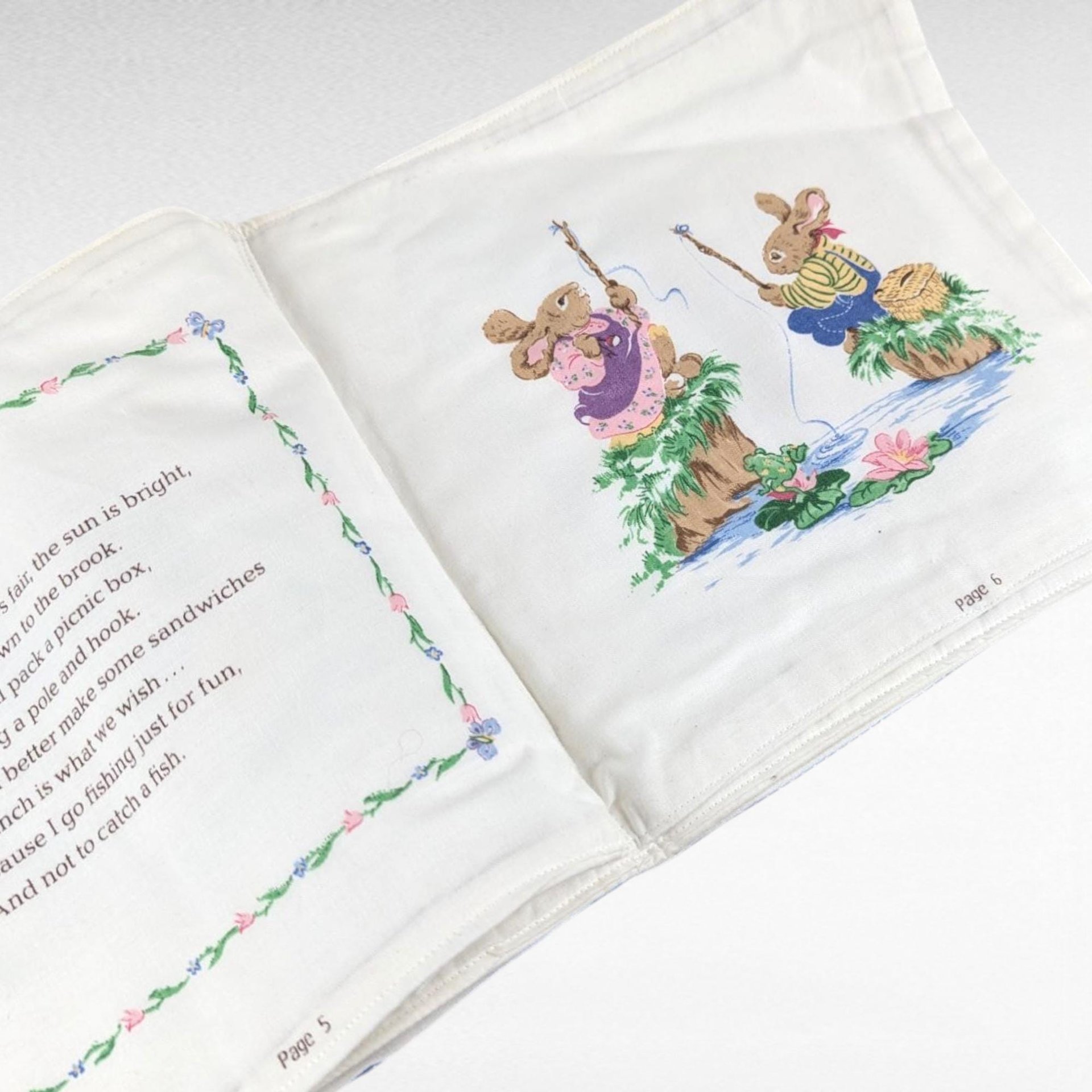 Vintage Handmade Cottontail Corner Cloth Book, 1980s Fabric Soft Book for Baby, Bunny Rabbit Nursery Toy