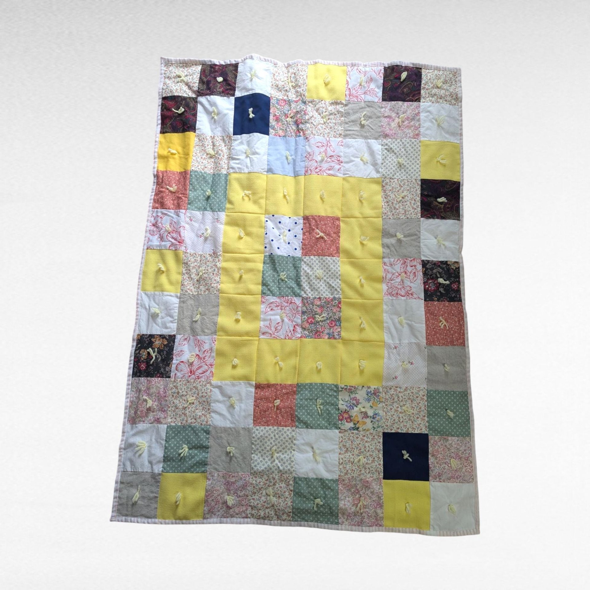 Vintage Handmade Patchwork Baby Blanket, Tied Crib Quilt 50x35, Yellow Floral Calico Toddler Bedding, Farmhouse Nursery Lap Throw