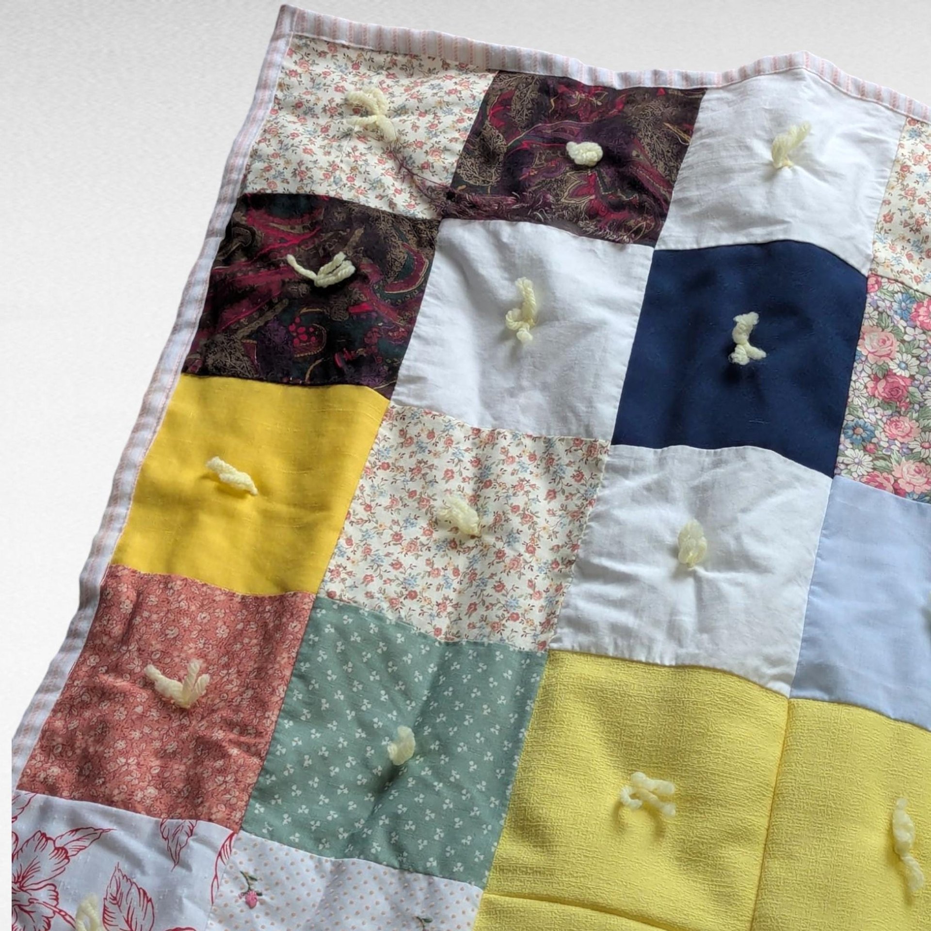 Vintage Handmade Patchwork Baby Blanket, Tied Crib Quilt 50x35, Yellow Floral Calico Toddler Bedding, Farmhouse Nursery Lap Throw