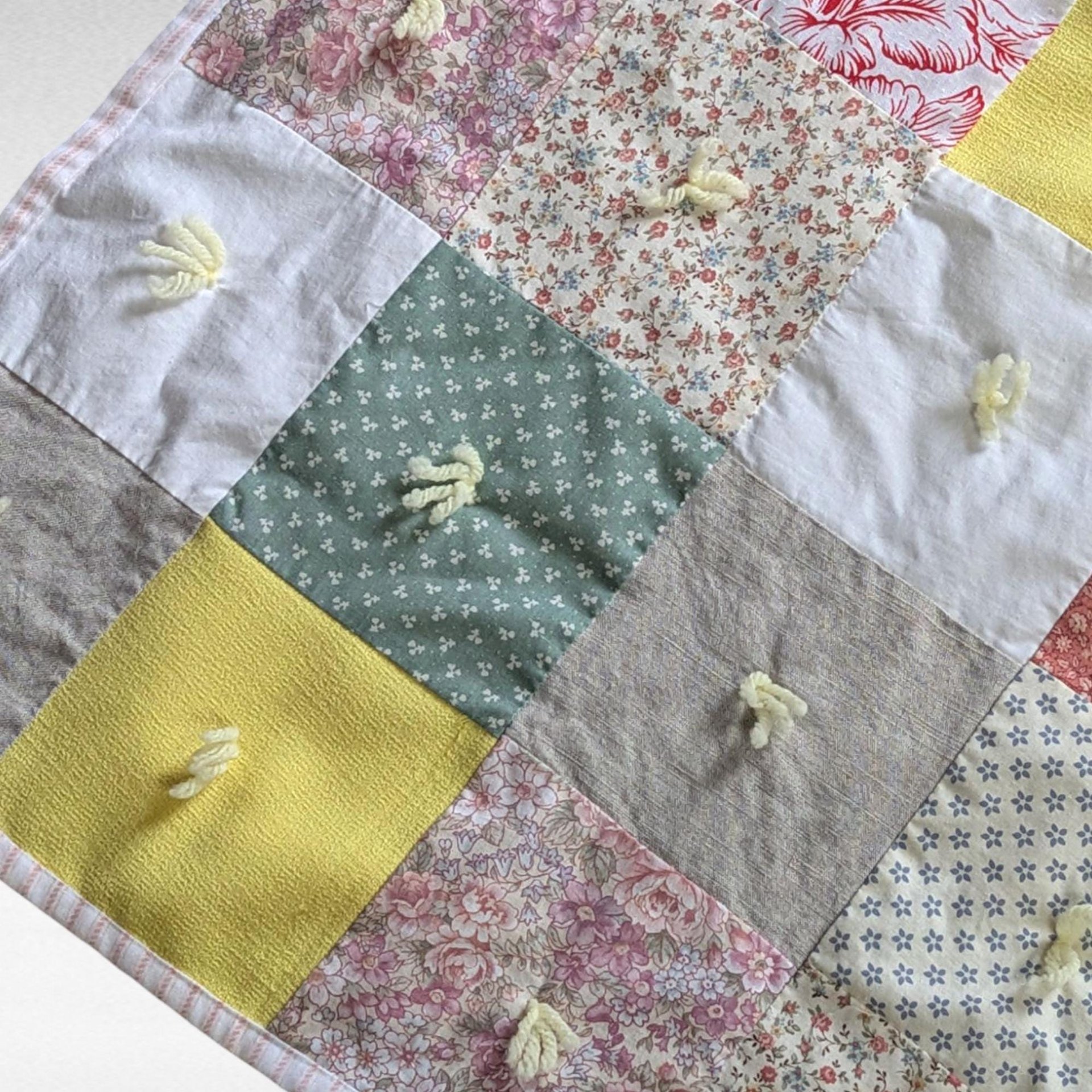 Vintage Handmade Patchwork Baby Blanket, Tied Crib Quilt 50x35, Yellow Floral Calico Toddler Bedding, Farmhouse Nursery Lap Throw
