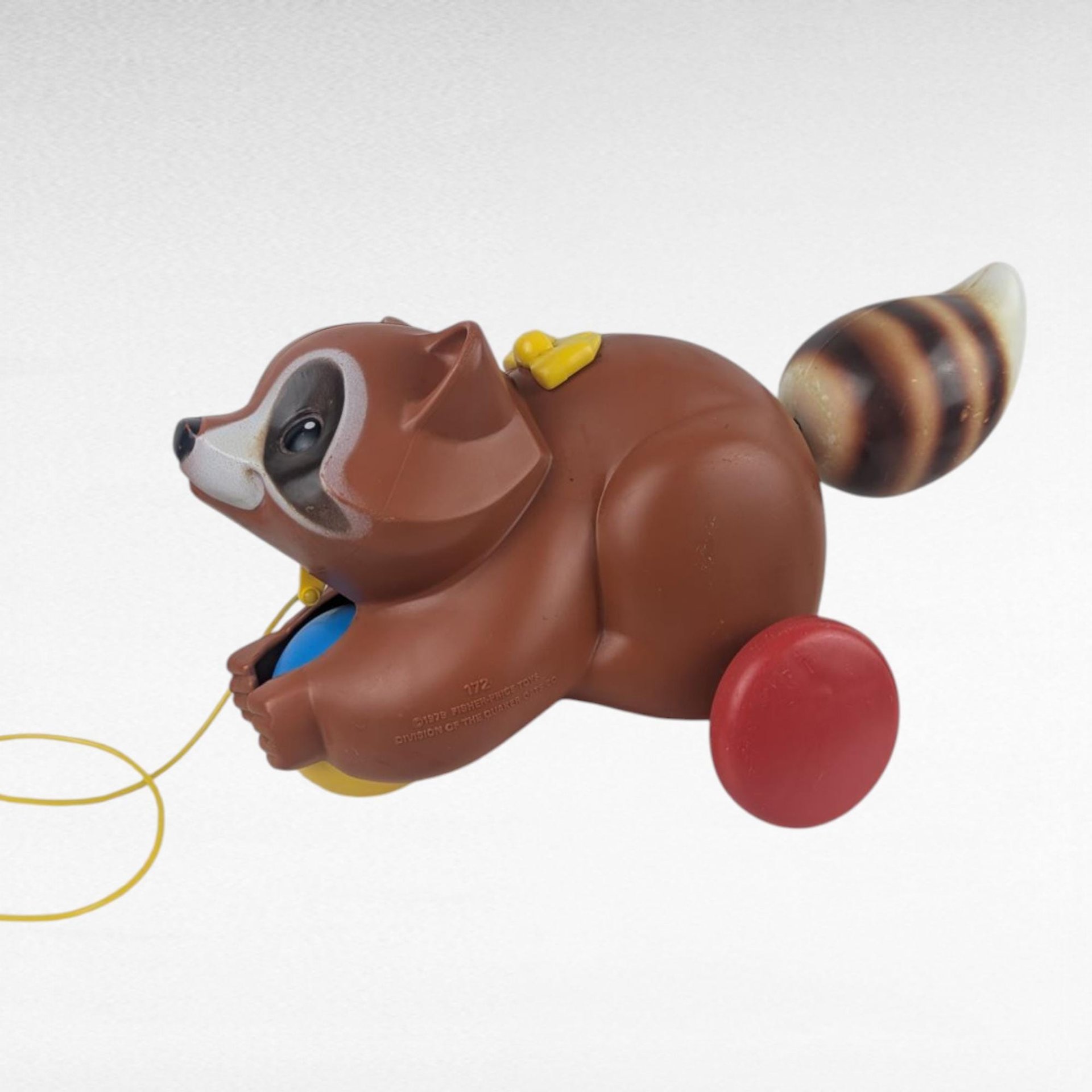 Vintage 1979 Fisher Price Roly Raccoon Pull Toy #172, Rolling Chime Ball Animal, Late 70s Toddler Toy, Woodland Nursery Decor