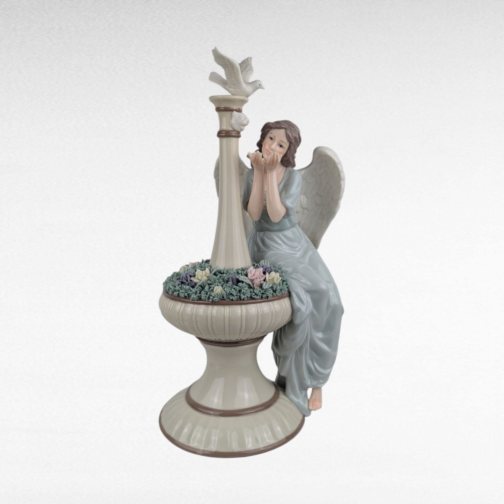 2002 Grandeur Noel Porcelain Angel with Dove & Fountain Figurine 13.5" Boxed, Christmas Serenity Decor, Inspirational Gift