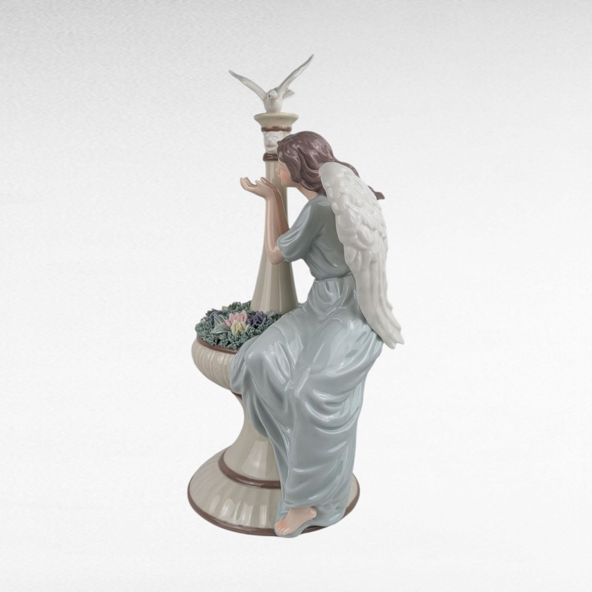 2002 Grandeur Noel Porcelain Angel with Dove & Fountain Figurine 13.5" Boxed, Christmas Serenity Decor, Inspirational Gift