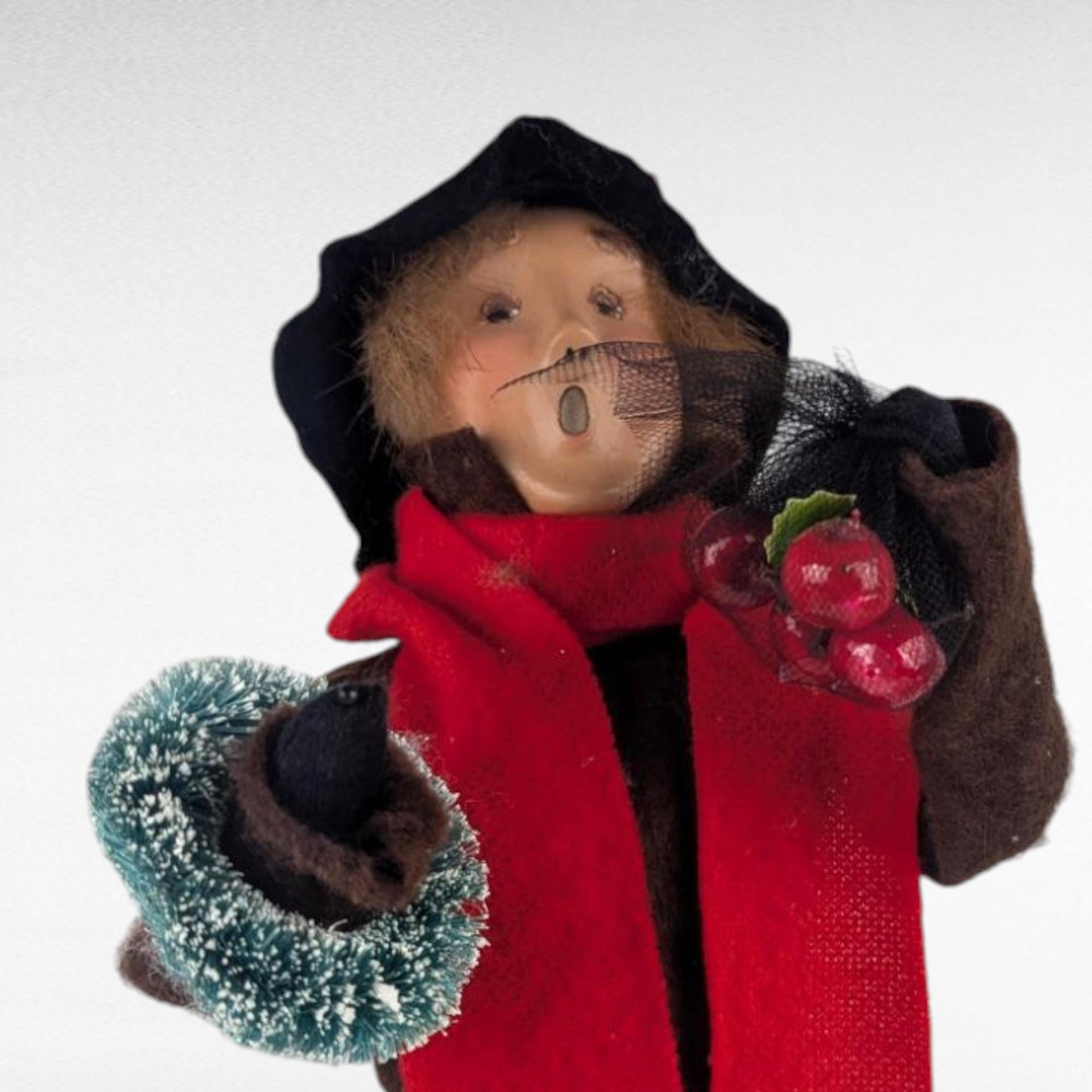 Vintage 1998 Byers' Choice Street Vendor Woman, Christmas Caroler with Wreath and Grapes for Holiday Display