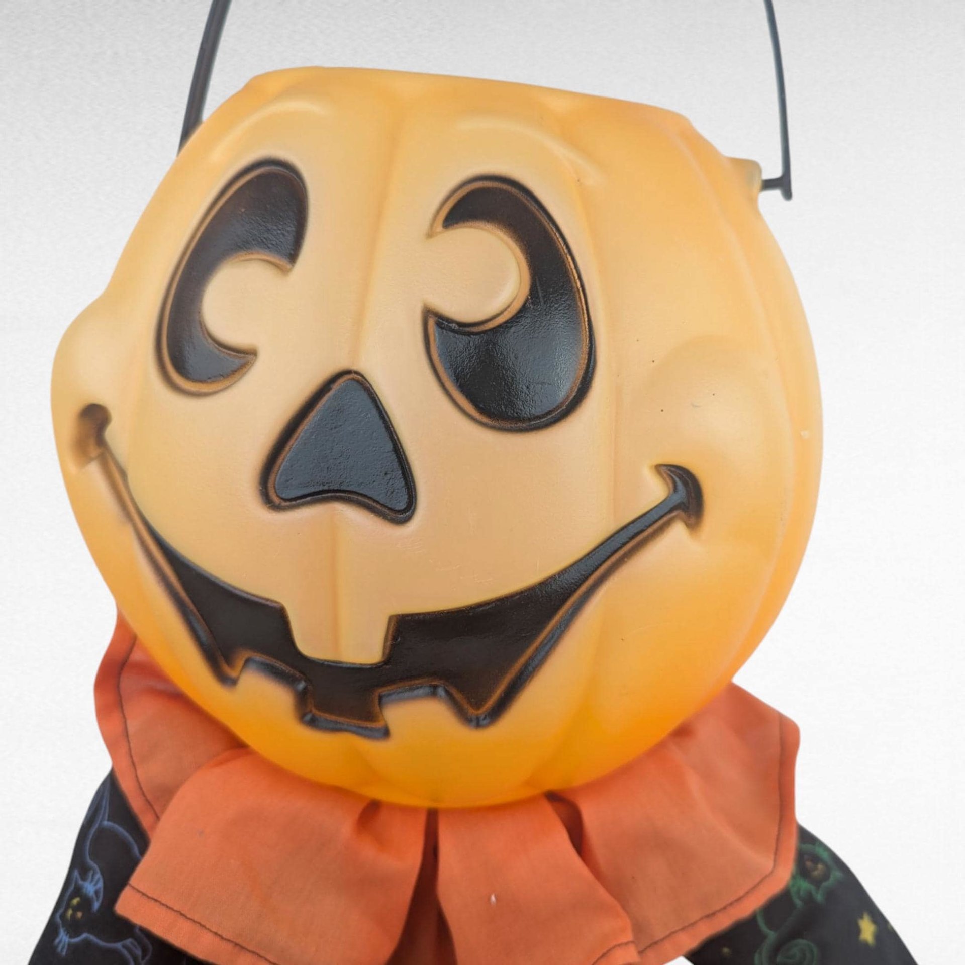 Vintage Halloween Pumpkin Man Door Greeter Candy Bowl, Holder, Soft Body, 24 Inch Tall Seated Porch Decoration