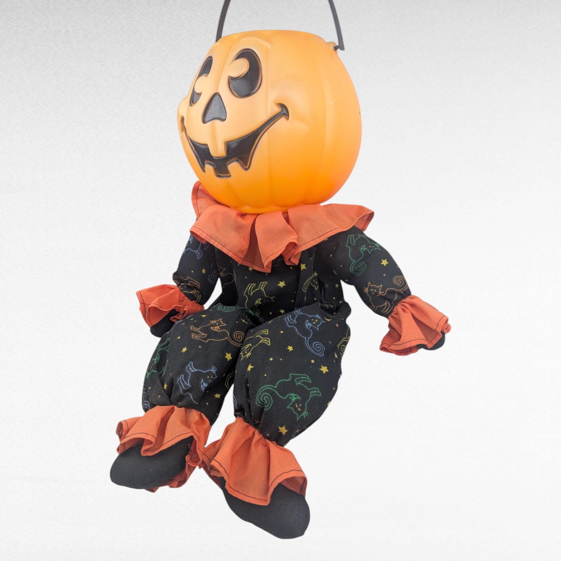 Vintage Halloween Pumpkin Man Door Greeter Candy Bowl, Holder, Soft Body, 24 Inch Tall Seated Porch Decoration