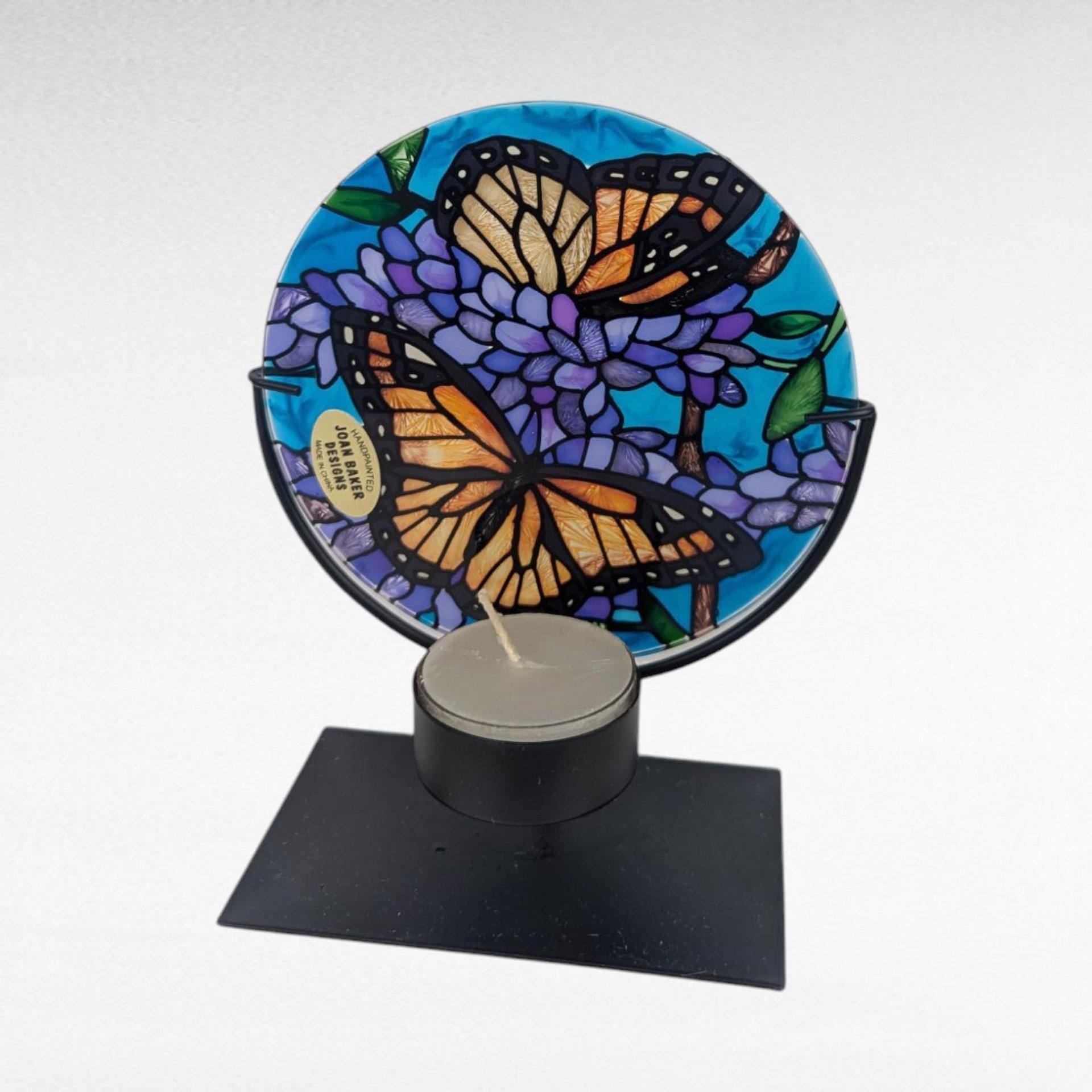 Vintage Joan Baker Designs Handpainted Glass Candle Holder, Monarch Butterfly Art Disc with Stand, Stained Glass Style Home Decor