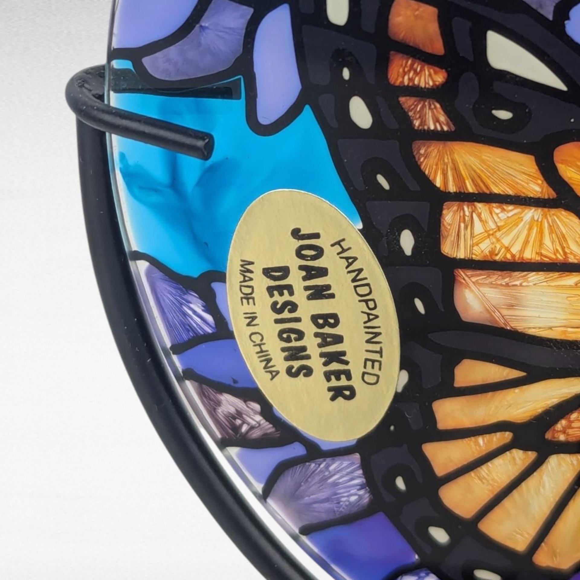 Vintage Joan Baker Designs Handpainted Glass Candle Holder, Monarch Butterfly Art Disc with Stand, Stained Glass Style Home Decor