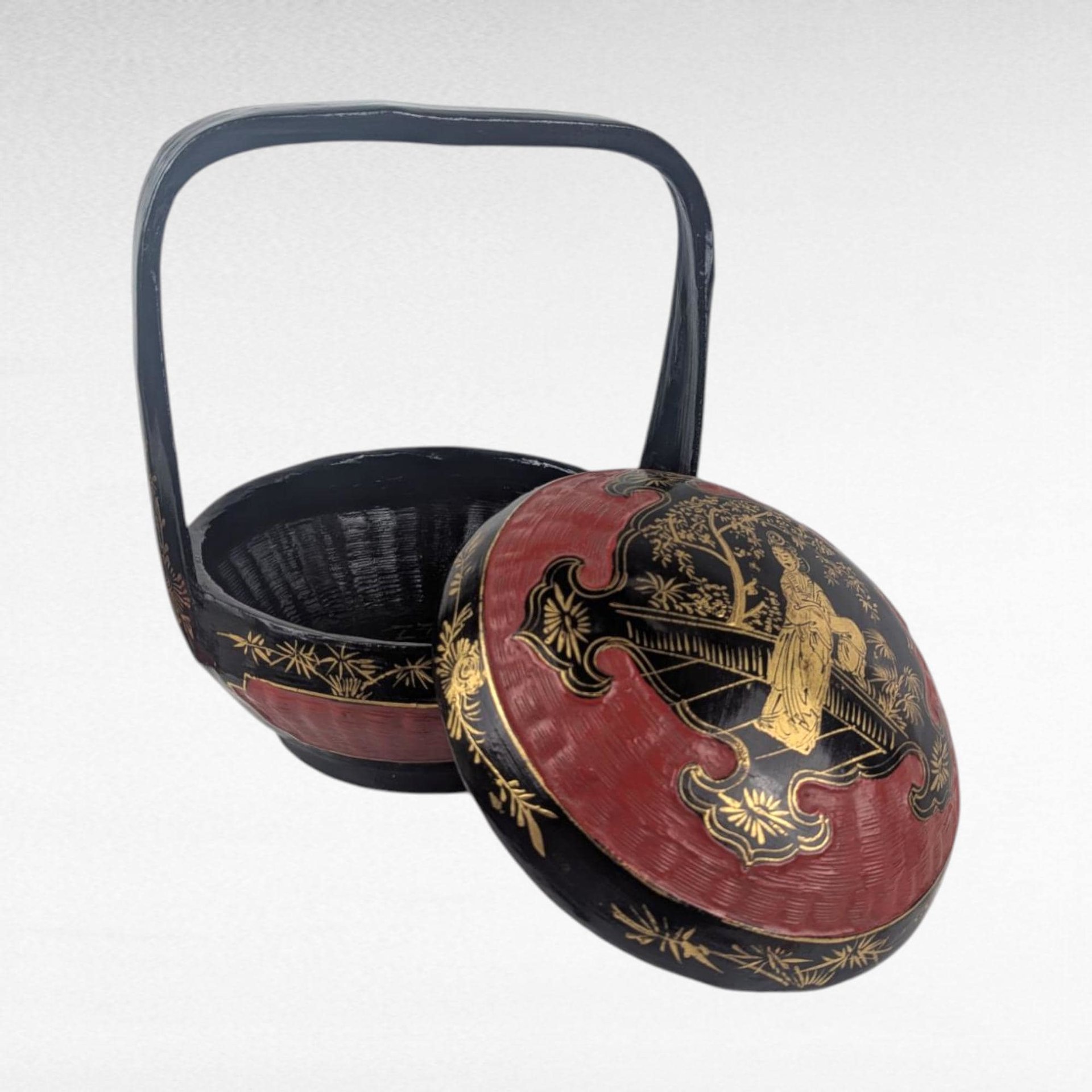 Vintage Chinese Wedding Basket, Hand Painted Red Black Gold Bamboo, Peranakan Bakul Sia Dowry Basket, Asian Home Decor