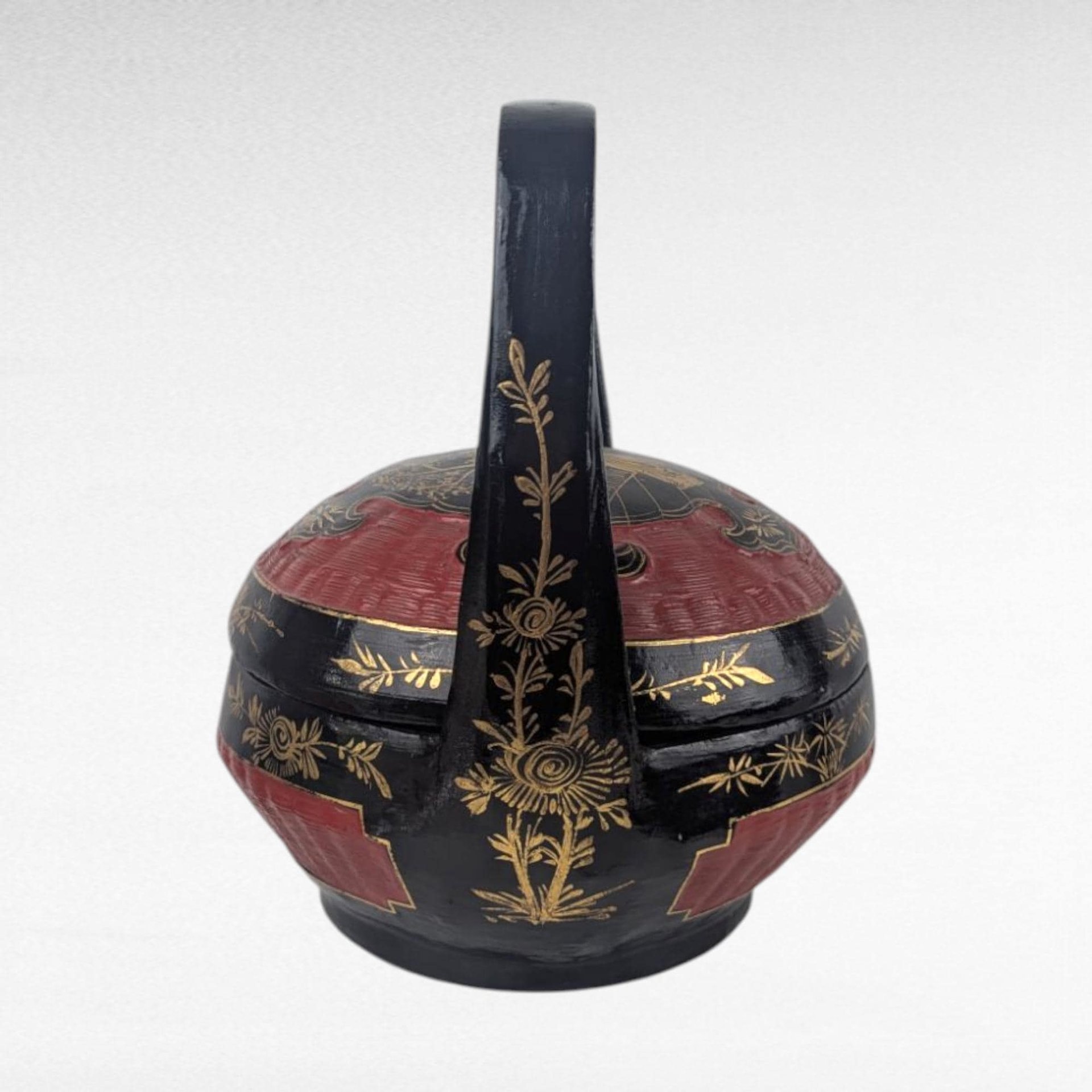 Vintage Chinese Wedding Basket, Hand Painted Red Black Gold Bamboo, Peranakan Bakul Sia Dowry Basket, Asian Home Decor