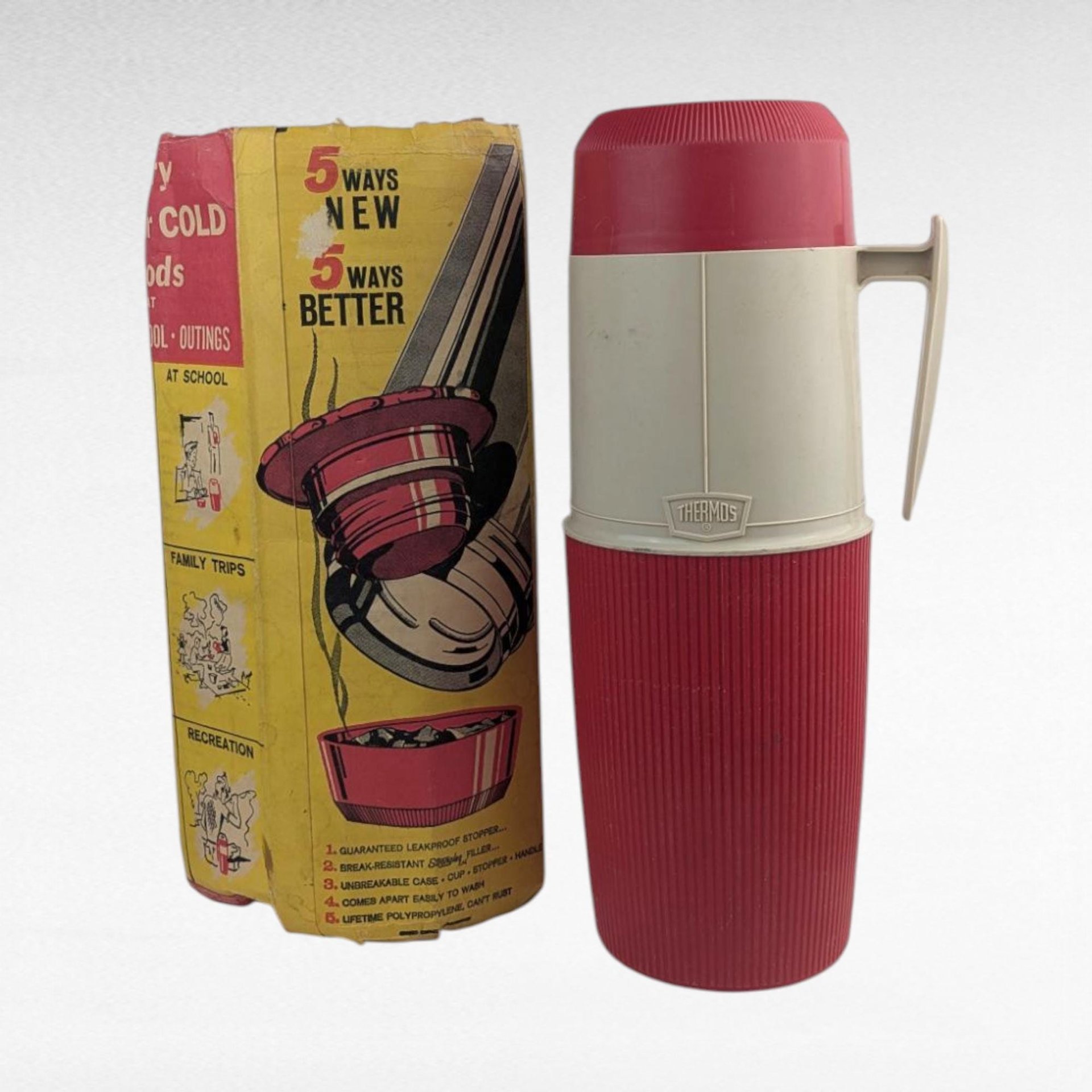 Vintage 1960s Thermos Wide Mouth Vacuum Bottle No. 6402, Quart Size Red and White Insulated Food Jar with Original Box, Classic Camping Jug