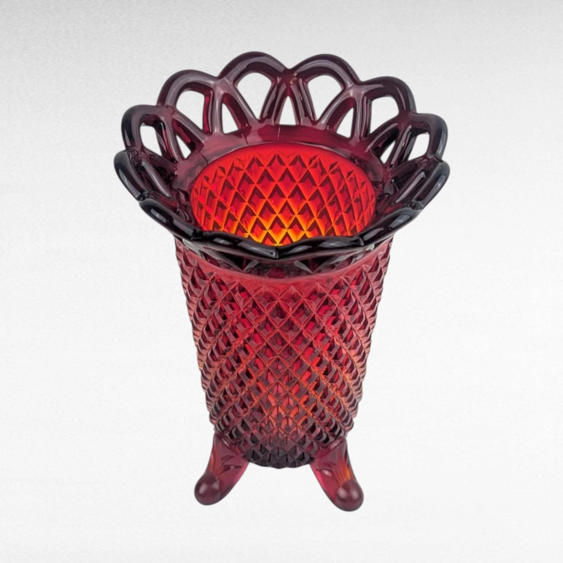 Vintage Imperial Glass Vase, 5" Small Vase, Amberina Red Orange Art Glass, Lace Edge Diamond Point Pattern, Footed Bud Vase, Mid Century