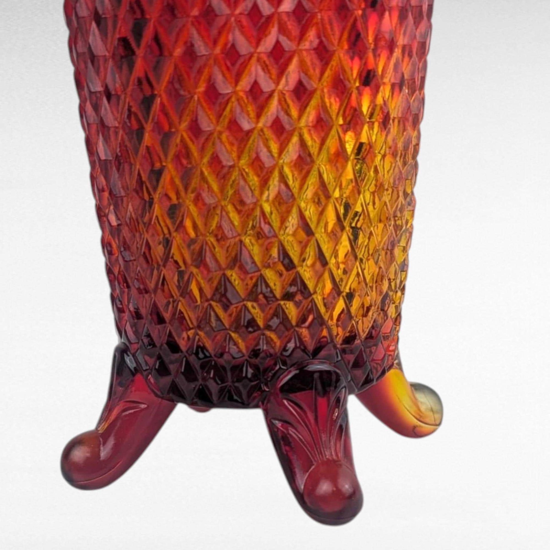 Vintage Imperial Glass Vase, 5" Small Vase, Amberina Red Orange Art Glass, Lace Edge Diamond Point Pattern, Footed Bud Vase, Mid Century