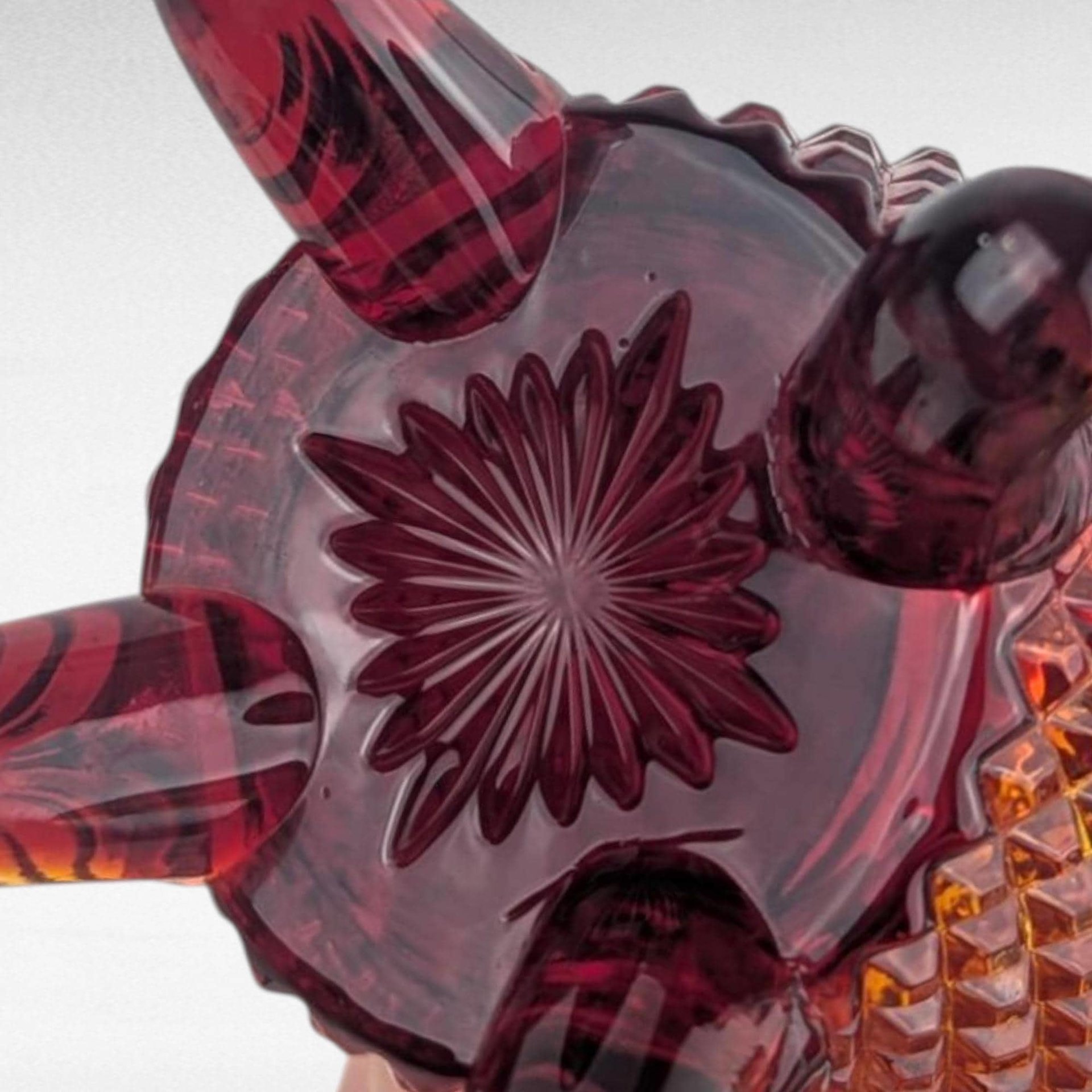 Vintage Imperial Glass Vase, 5" Small Vase, Amberina Red Orange Art Glass, Lace Edge Diamond Point Pattern, Footed Bud Vase, Mid Century