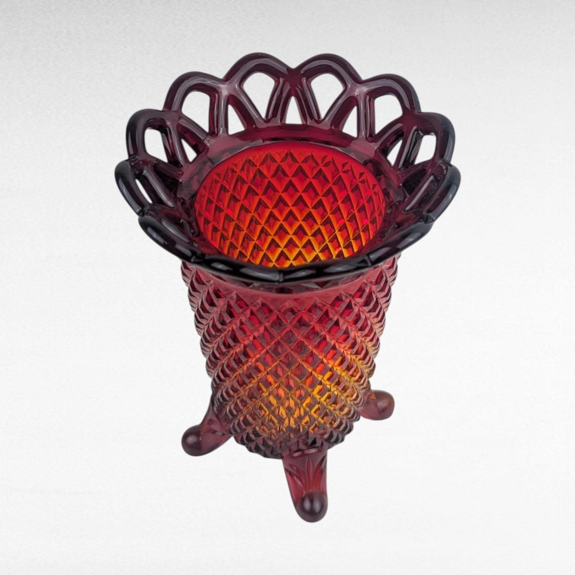 Vintage Imperial Glass Vase, 5" Small Vase, Amberina Red Orange Art Glass, Lace Edge Diamond Point Pattern, Footed Bud Vase, Mid Century