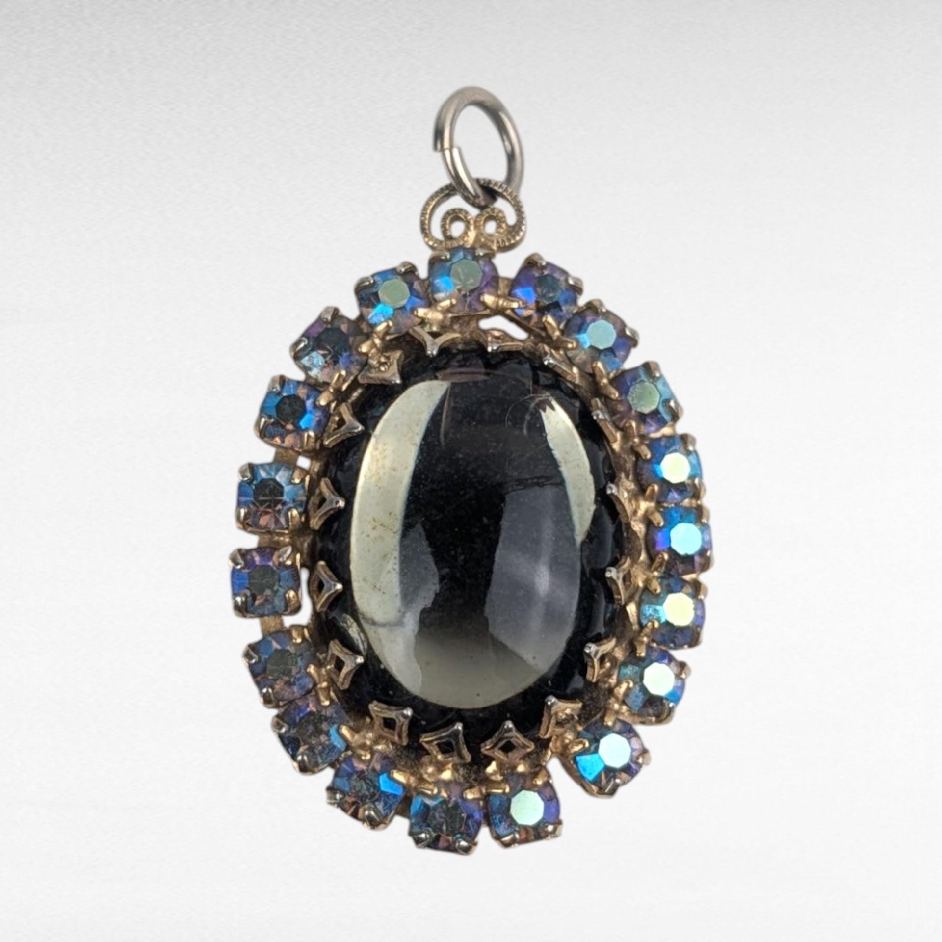 Vintage Black/Gray Glass Pendant, Aurora Borealis Rhinestone Halo, Mid Century Necklace, Dark Victorian Gothic Glam
