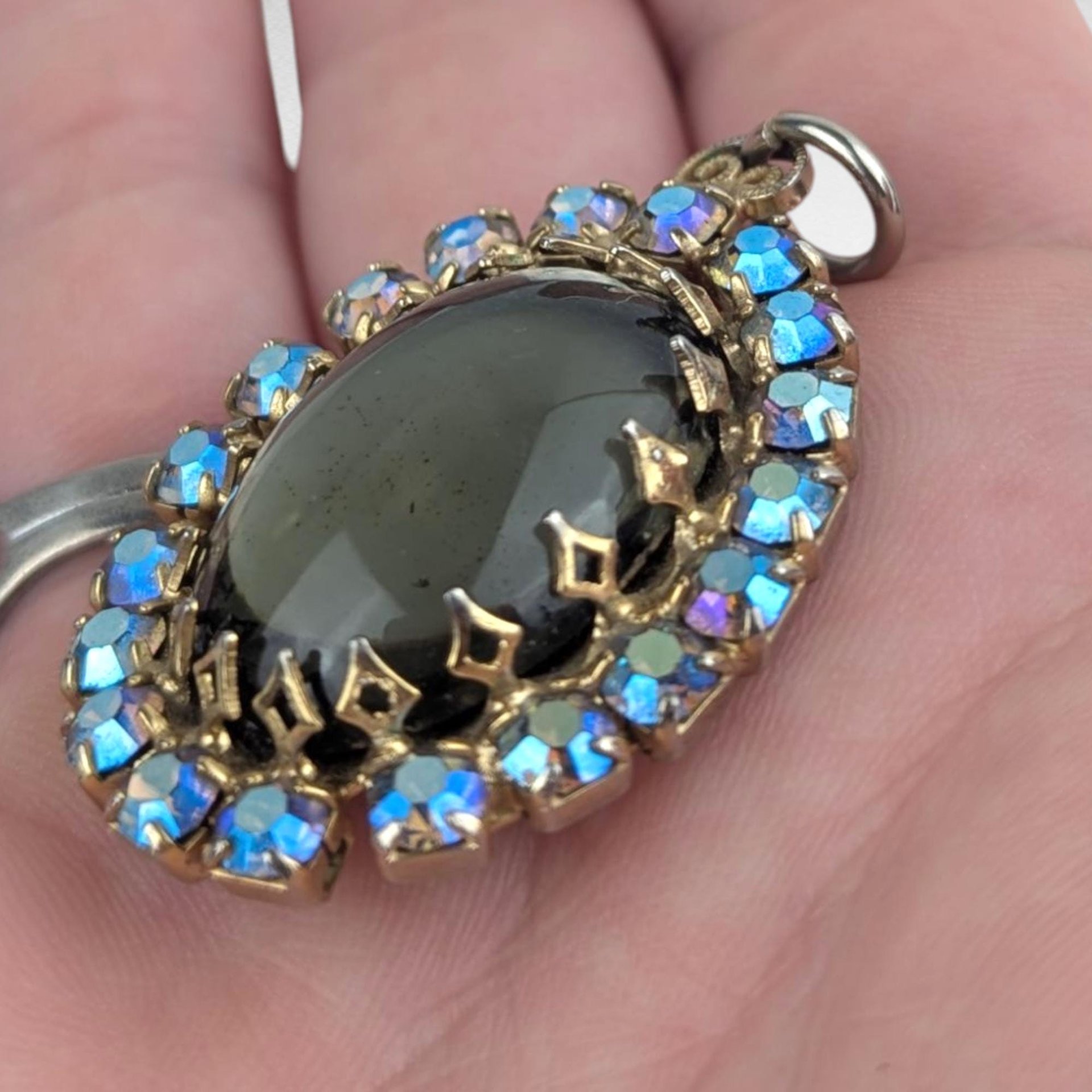 Vintage Black/Gray Glass Pendant, Aurora Borealis Rhinestone Halo, Mid Century Necklace, Dark Victorian Gothic Glam