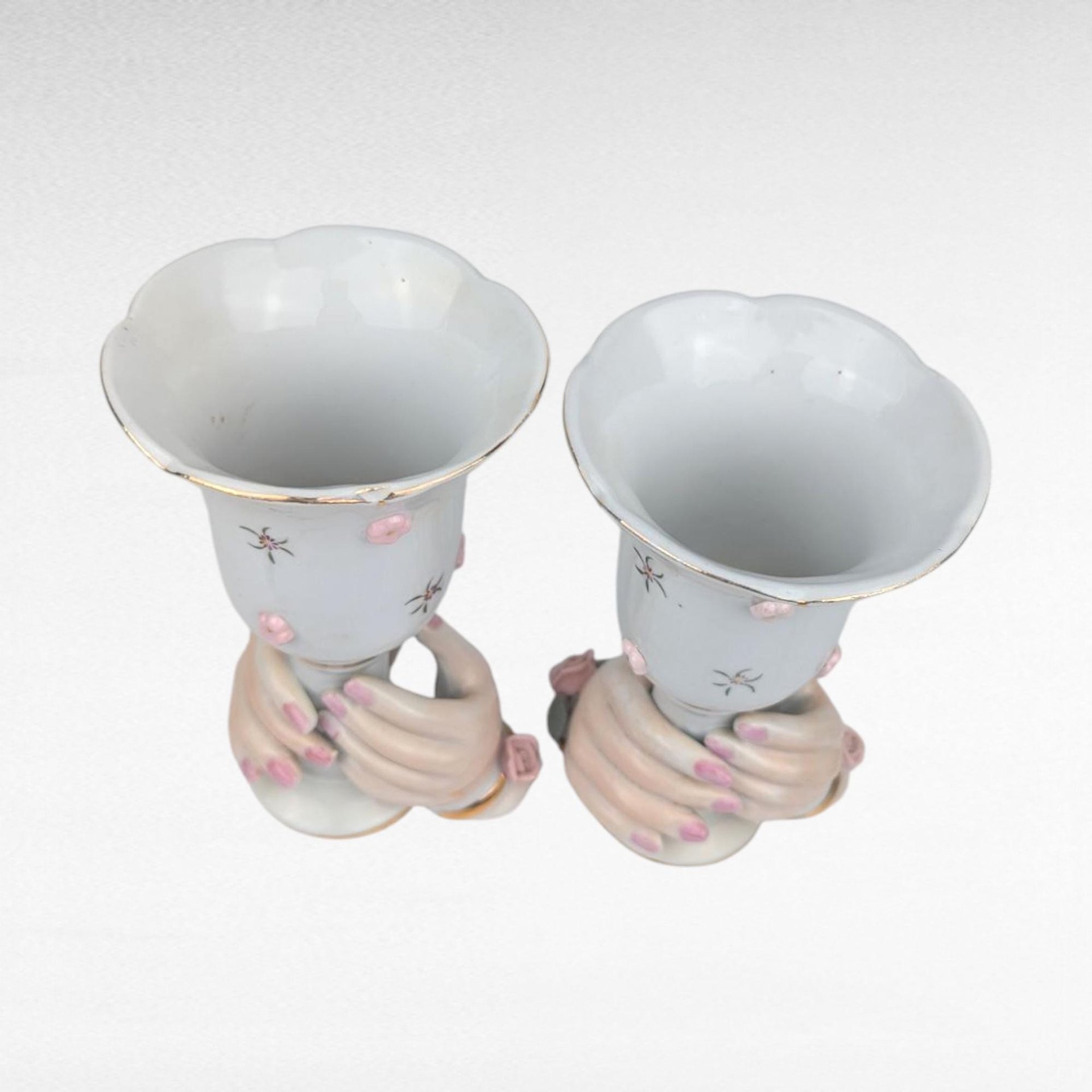 Vintage Pair of Ceramic Hands Holding Candle Holders, Vases, Pink Roses, Gold Trim, Mid Century, Vanity Decor, Shabby Chic, Figural