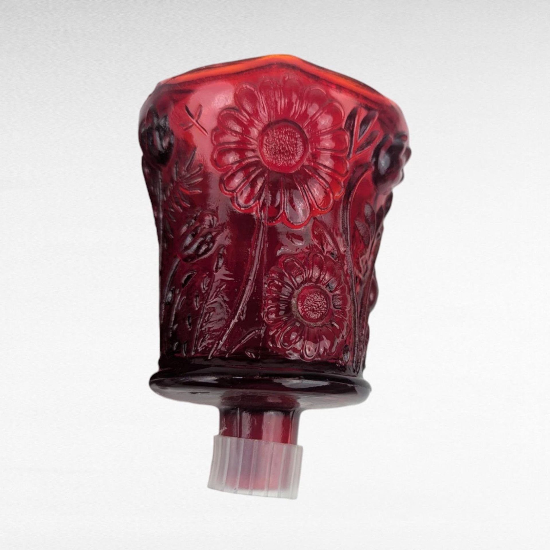 Pair Vintage Ruby Red Glass Peg Votive Candle Holders, Embossed Floral Design, 3.5 Inch, Romantic Accent, Collectible Glassware