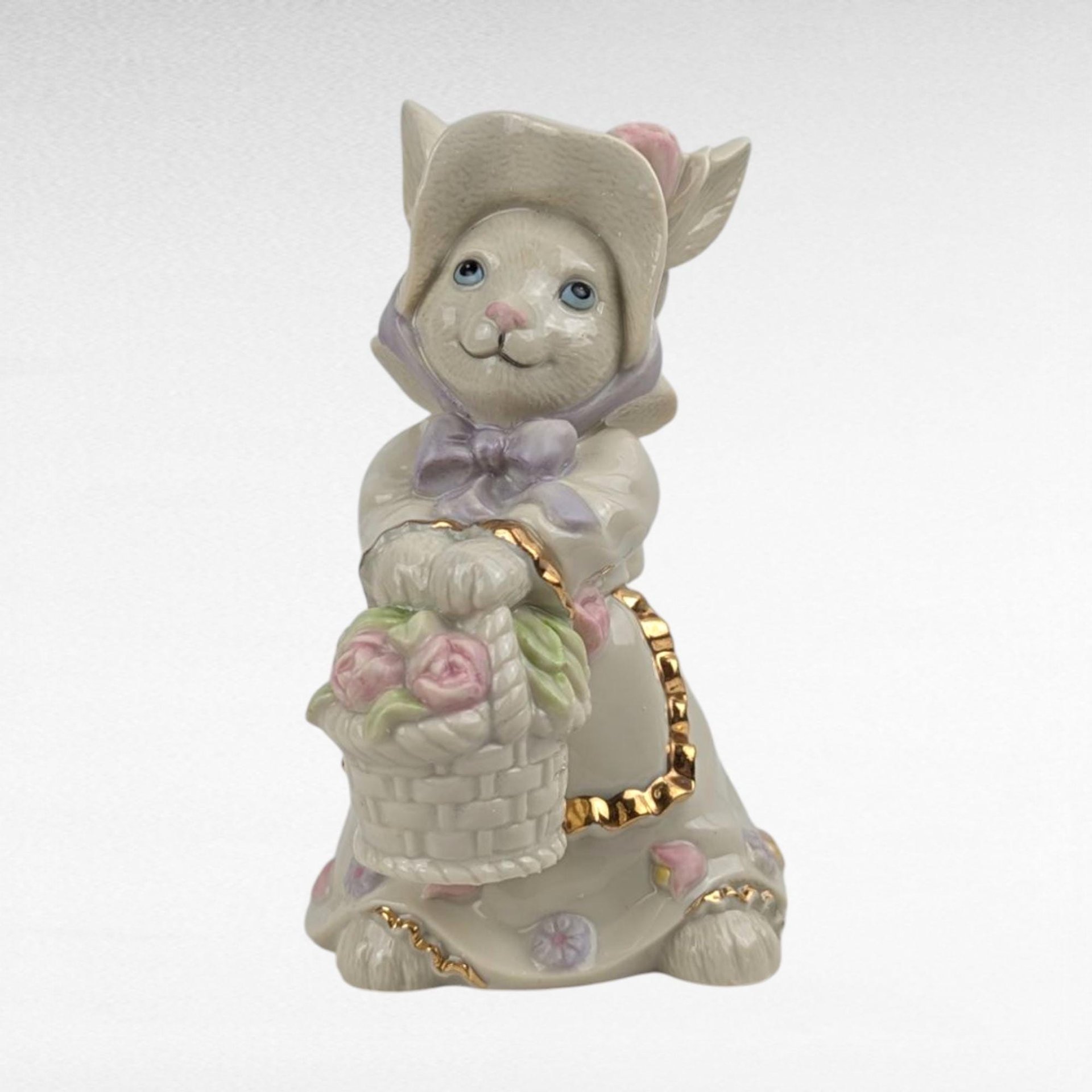 Lenox Easter Blossoms Rabbit Figurine, Vintage 2003 Bunny with Basket, Ivory Porcelain Spring Decor, Collectible Easter Bunny with Gold Trim