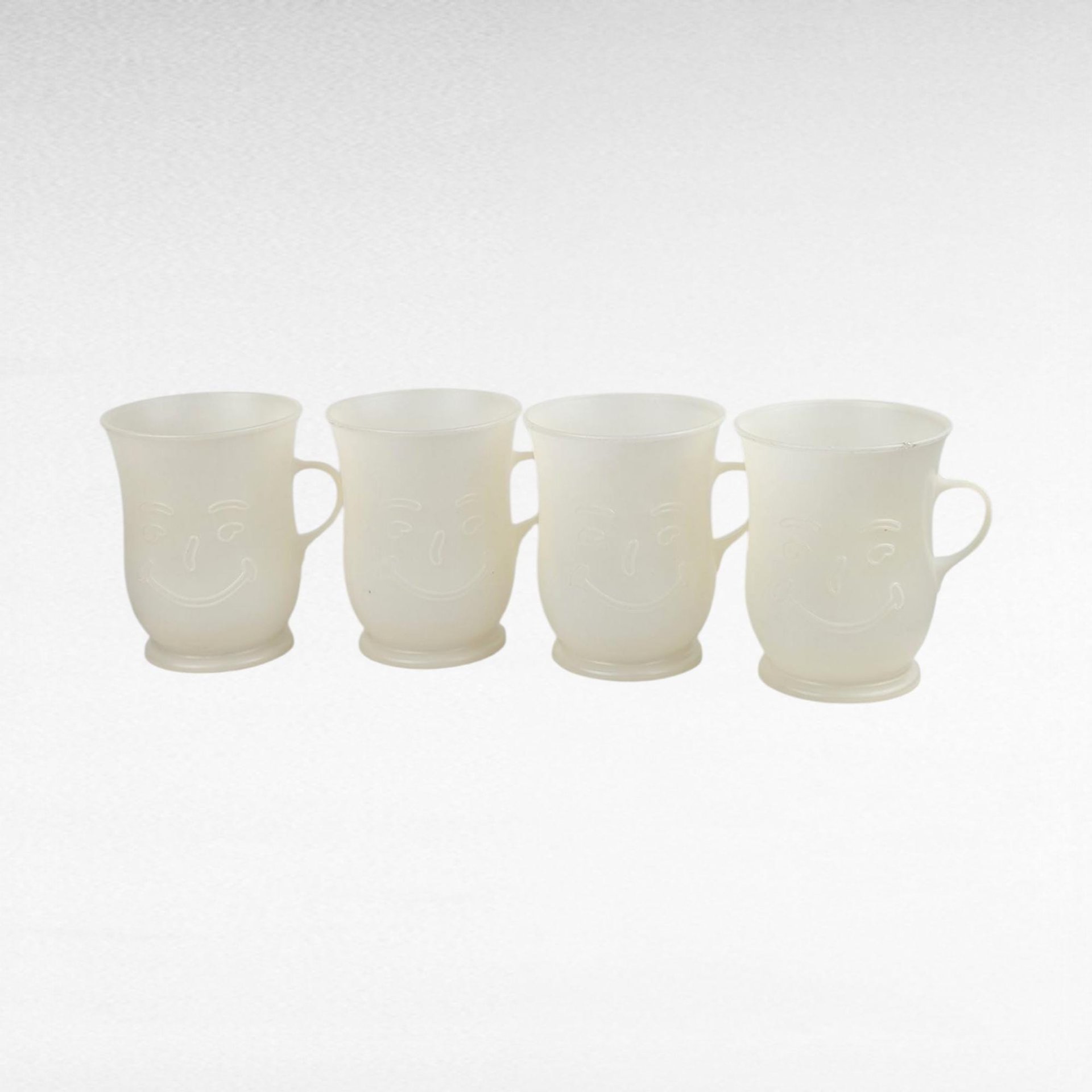 Vintage Kool-Aid Man Pitcher Set, 4 Matching Mugs, Wacky White Plastic Drinkware, 1980s Kitchen Nostalgia