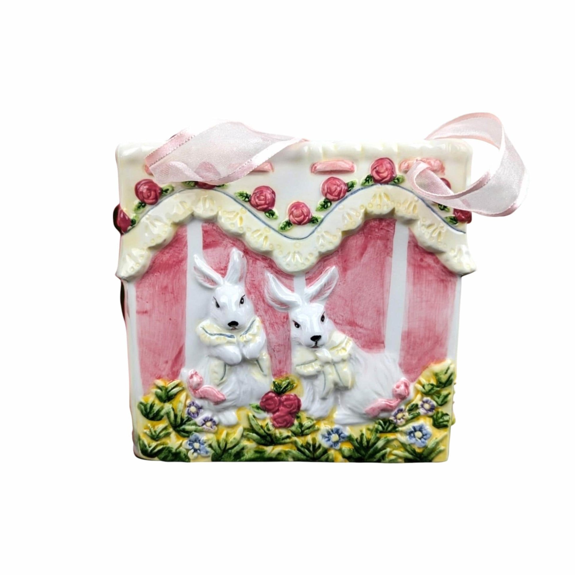 Vintage Ceramic Easter Bunny Bag: Pink Striped Basket Decor